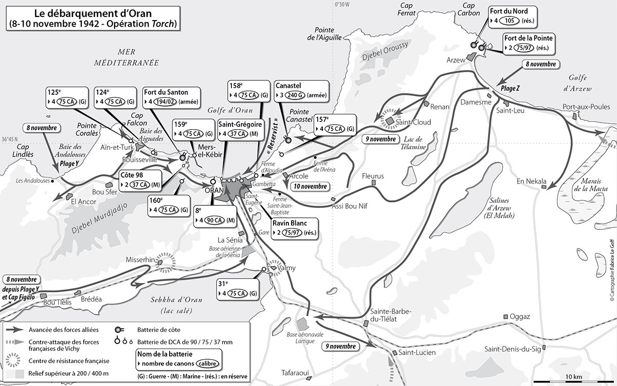 Le débarquement d'Oran • Frédéric Saffroy • Le Bouclier de Neptune. La politique de défense des bases françaises en Méditerranée (1912-1931) • PUR • Cartographie Fabrice Le Goff