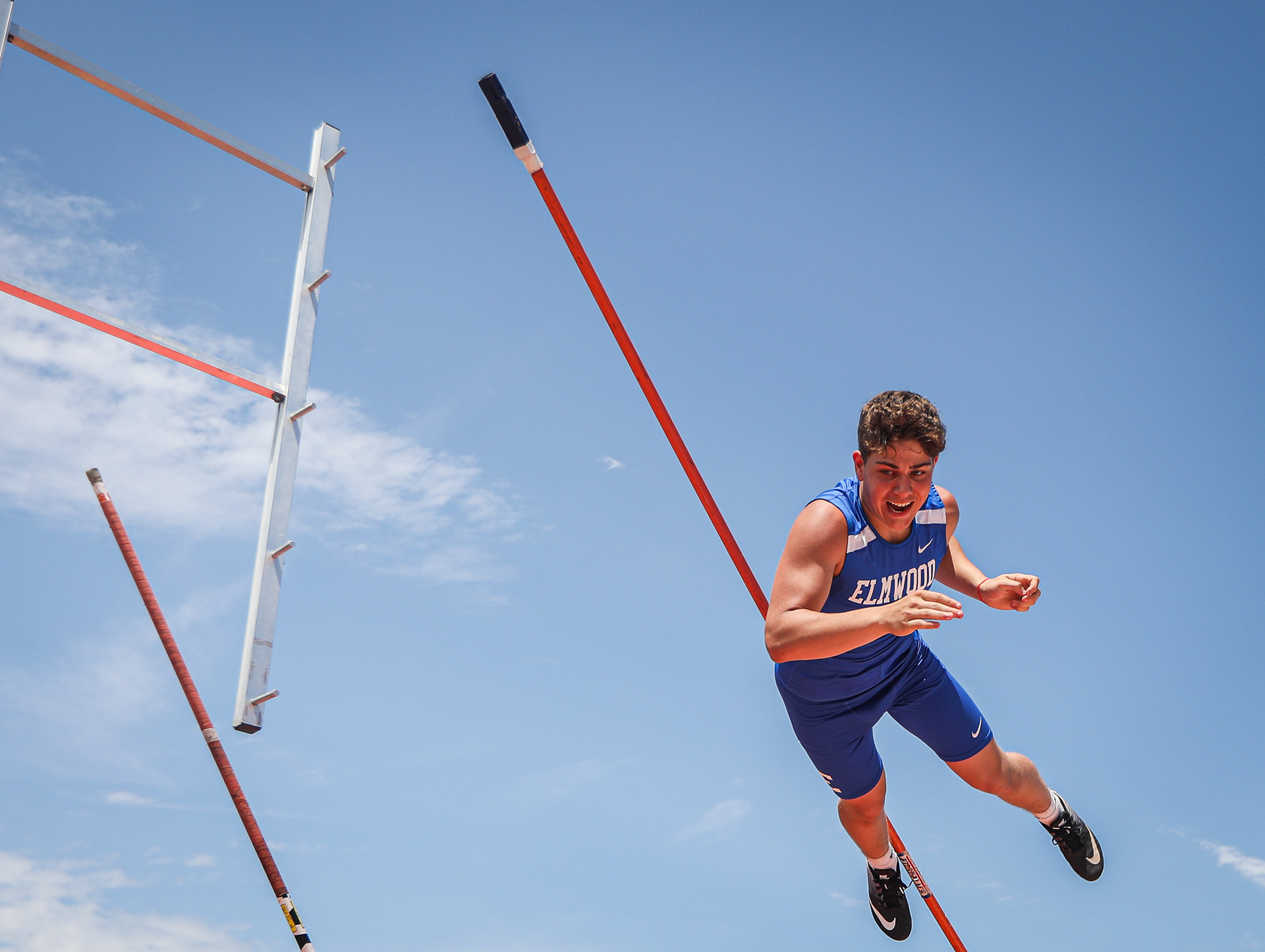 Elmwood’s Elijah Moody competes in the boys pole vault event at the Northern Buckeye Conference track and field championship meet at Fostoria High School in Fostoria, Ohio on Saturday, May 14, 2022. For Toledo Blade.