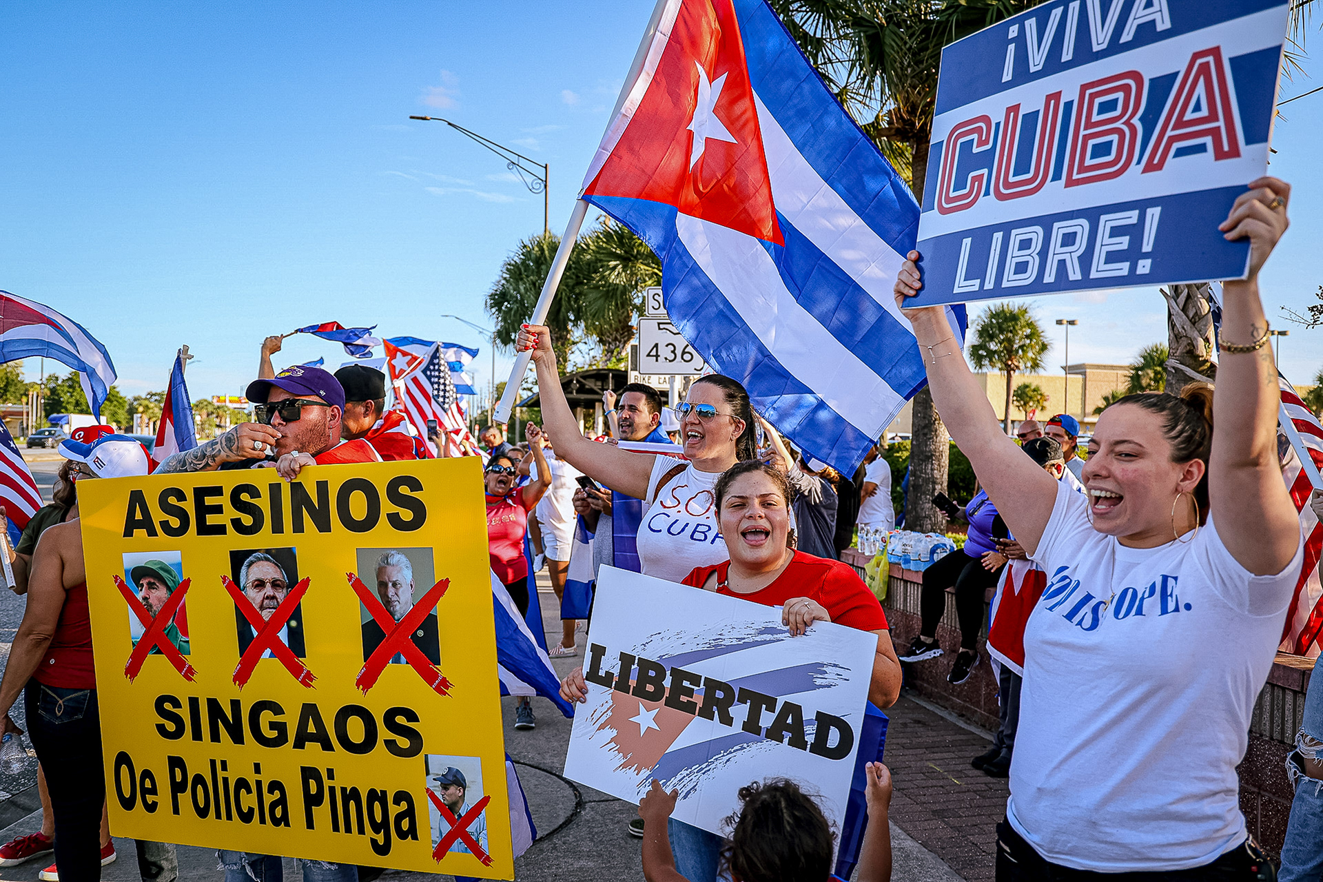 Protestors gather and chant on Semoran Blvd. in Orlando, Fla., on Thursday, July 15, 2021 to raise awareness for the political unrest currently taking place in Cuba. Protestors demanded justice and freedom for Cubans who have been allegedly targeted by police for speaking out against the country’s communist regime, which has been in place for 62 years. For Orlando Sentinel.