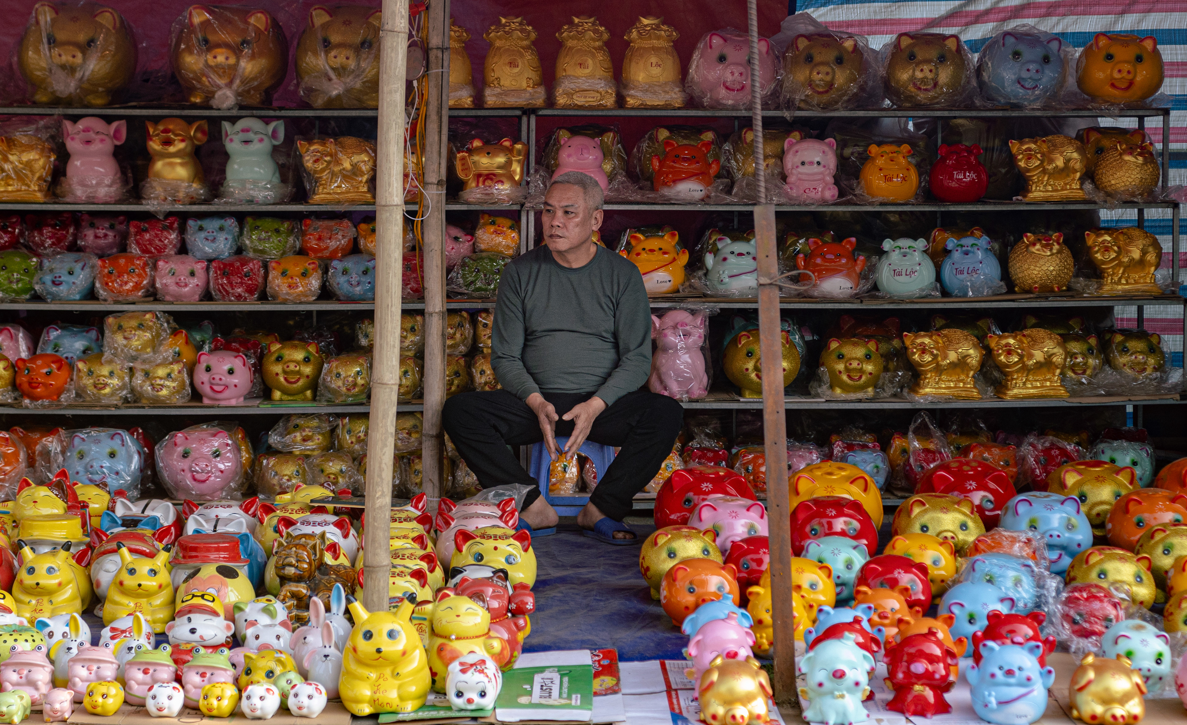 A man sits among hundreds of ceramic pigs in his shop during Tet (Vietnamese Lunar New Year) celebrations in Hanoi, Vietnam.