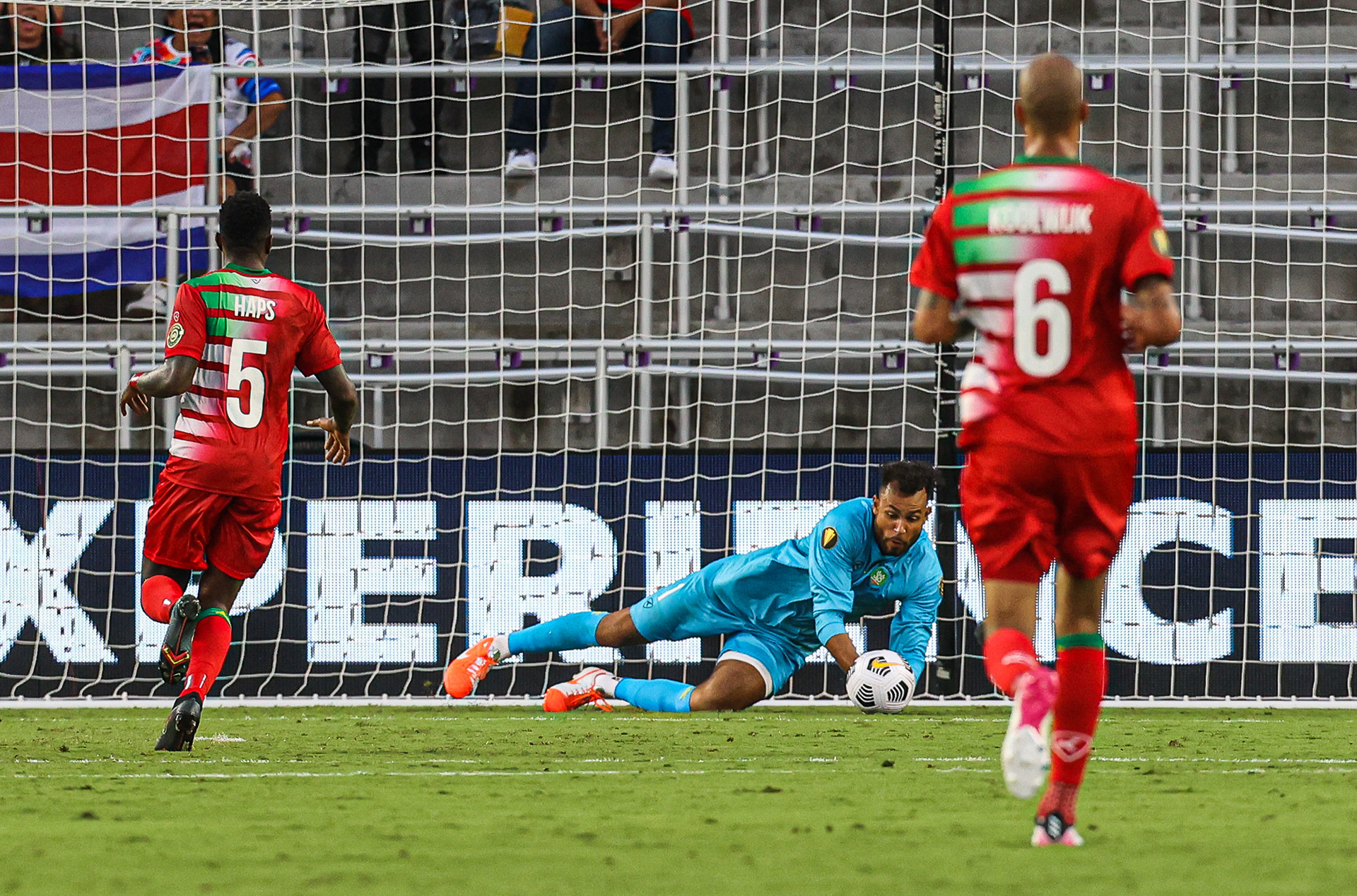 Surinam National Football Team goalkeeper Warner Hahn (1) blocks a goal from the Jamaican National Football Team during match day one of three at the CONCACAF Gold Cup at Exploria Stadium in Orlando Fla. on Monday, July 12, 2021. For Orlando Sentinel.