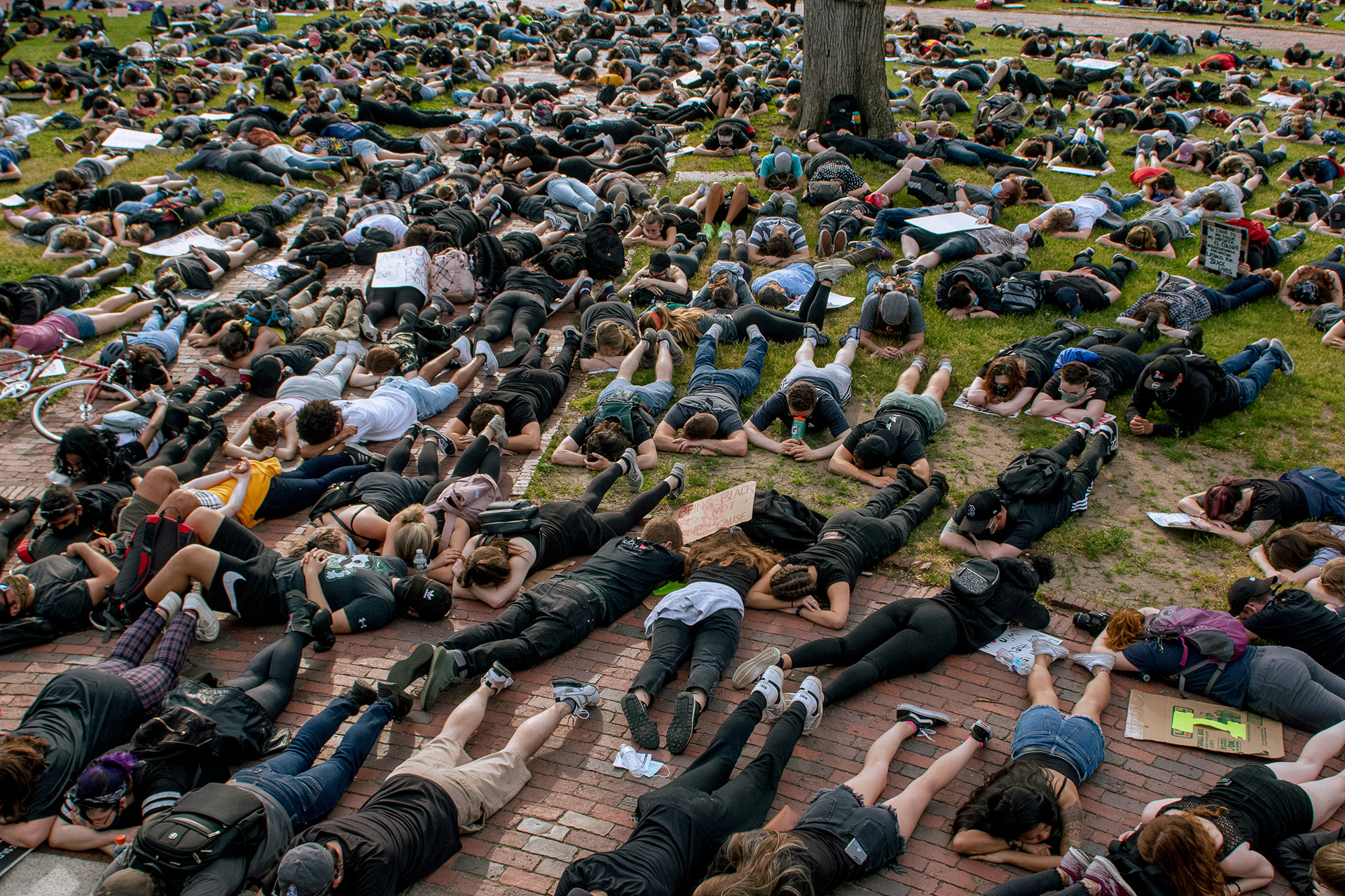 Hundreds of protestors lie face down for over eight minutes in solidarity with George Floyd, a Black man murdered by police officers, in Boston on June 3, 2020.