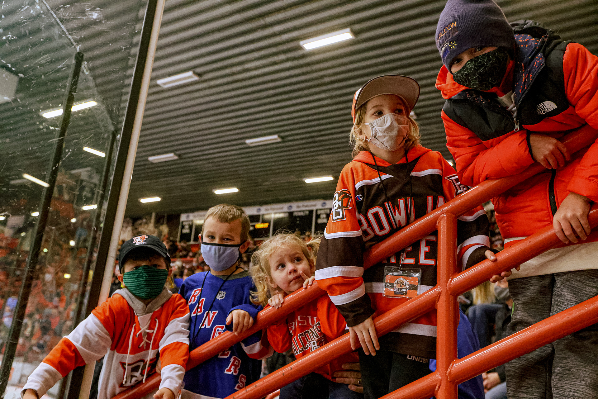 Young fans line up to high-five BGSU and Minnesota State players before the men’s hockey game at Slater Family Ice Arena on Friday, February 4, 2022. For Toledo Blade.