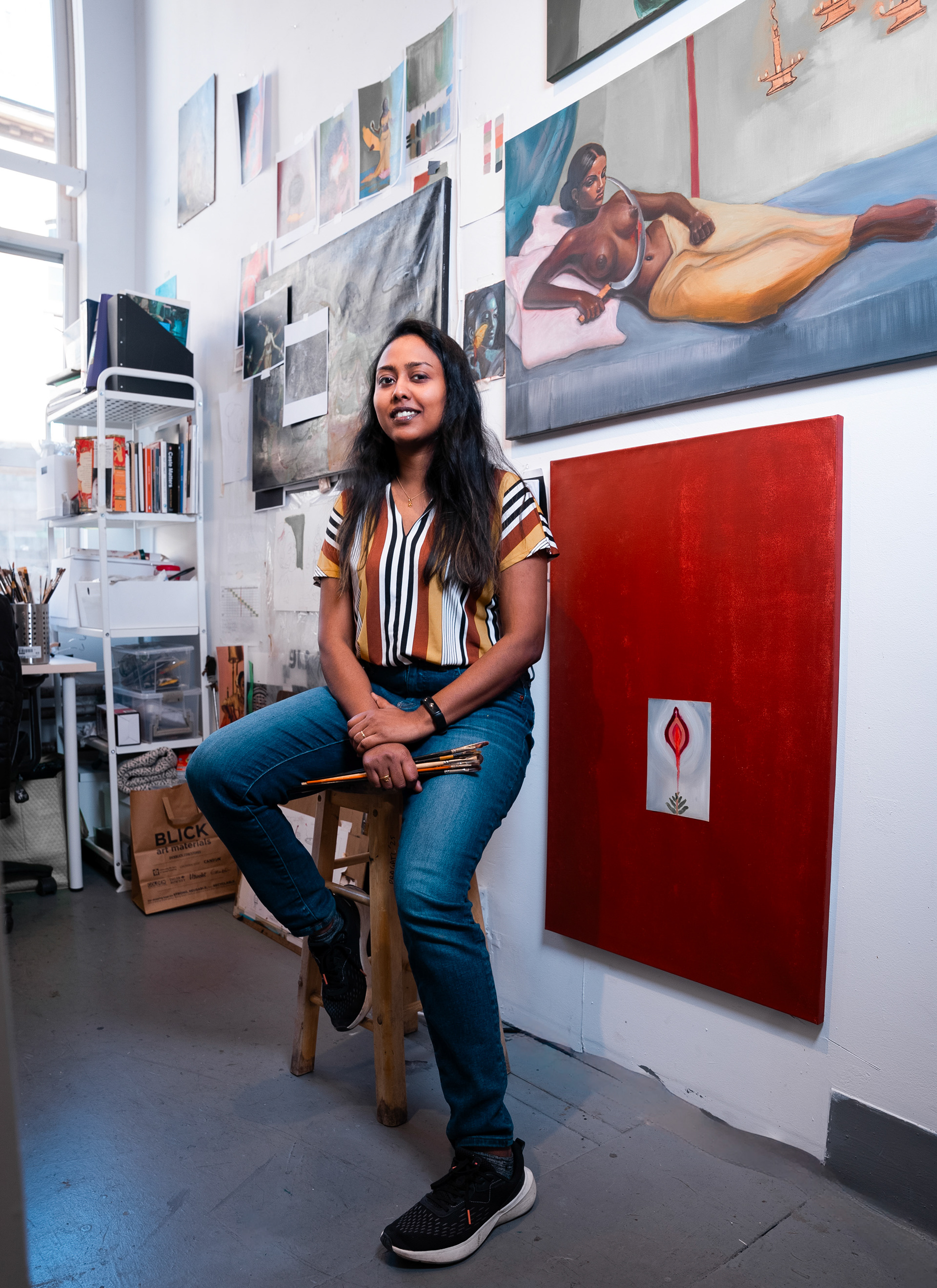 Pragati Gunasekar in her art studio, surrounded by works-in-progress