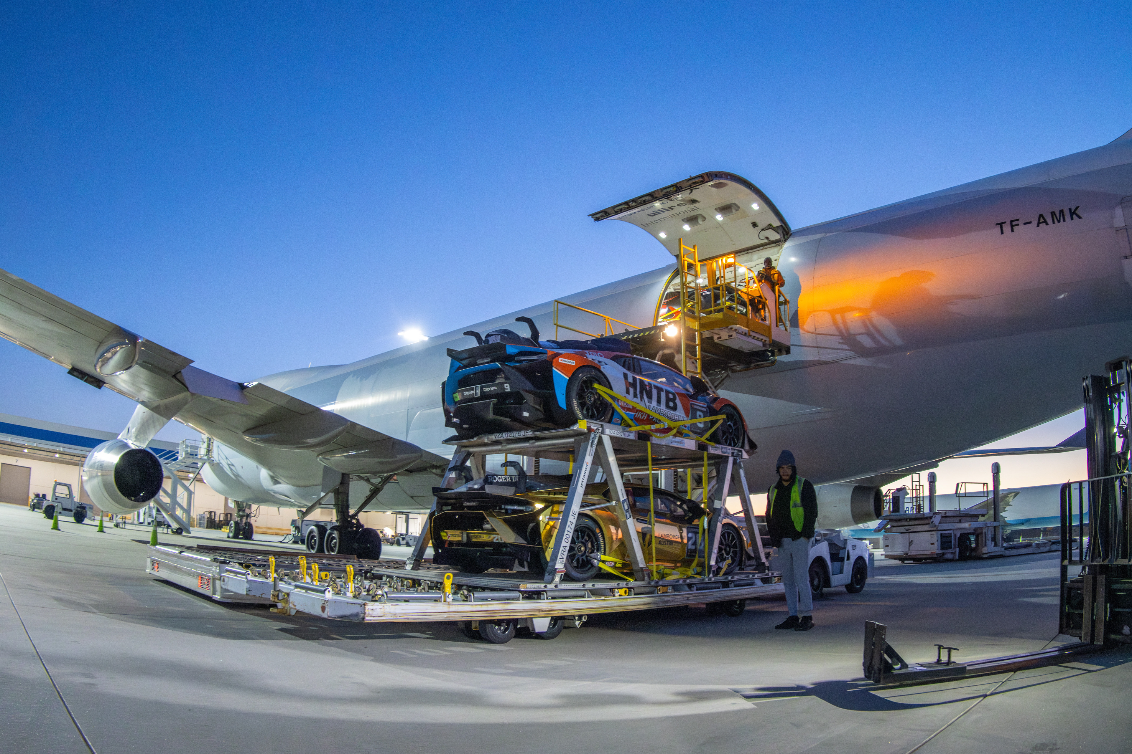 Lamborghini race cars being shipped through GSP's cargo facility.