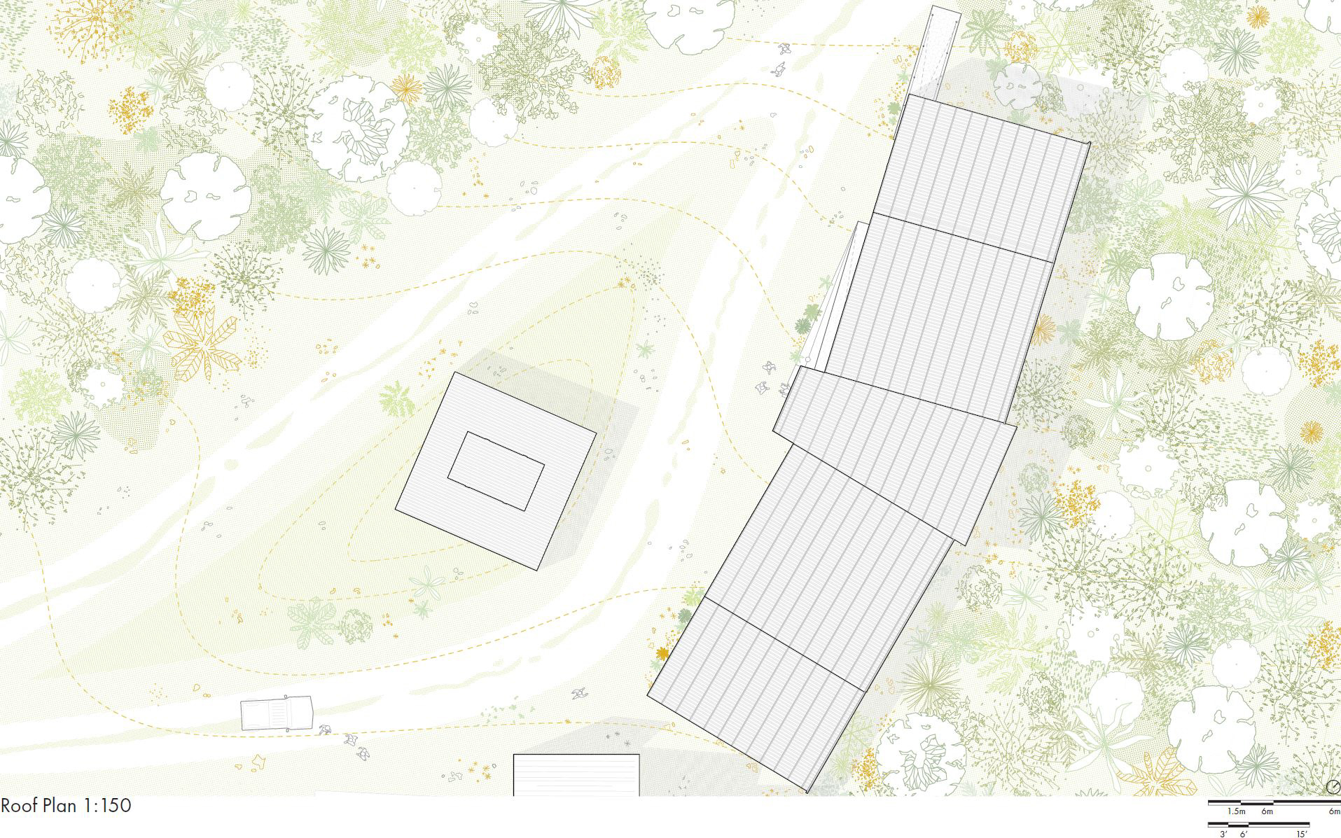 1:150 Roof Plan drawn by Chelsea Kilgore, 3D model by William Trotter