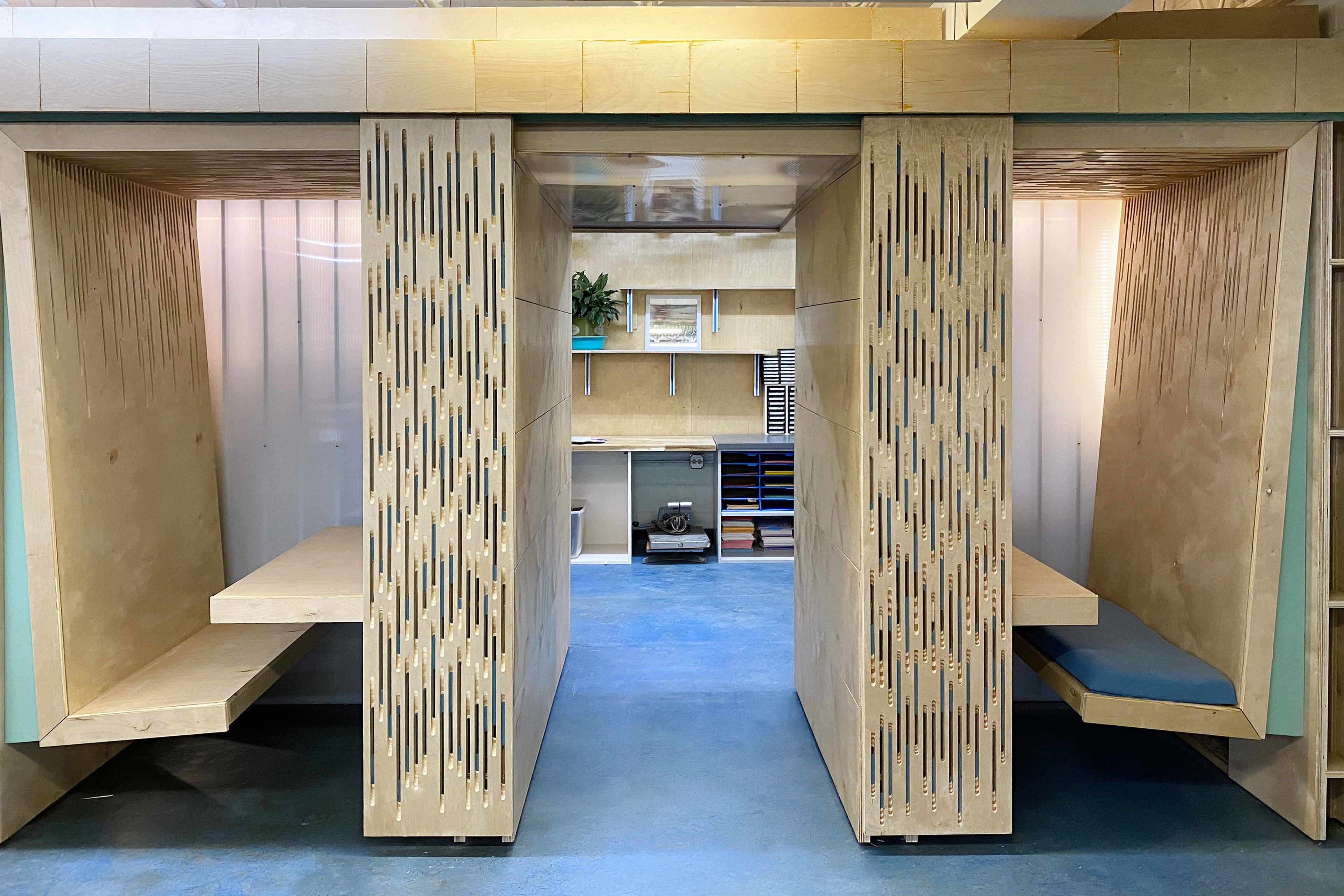 Work Pods, designed by Jose Varela Castillo and Frank Taylor, built in collaboration with the Small Center team