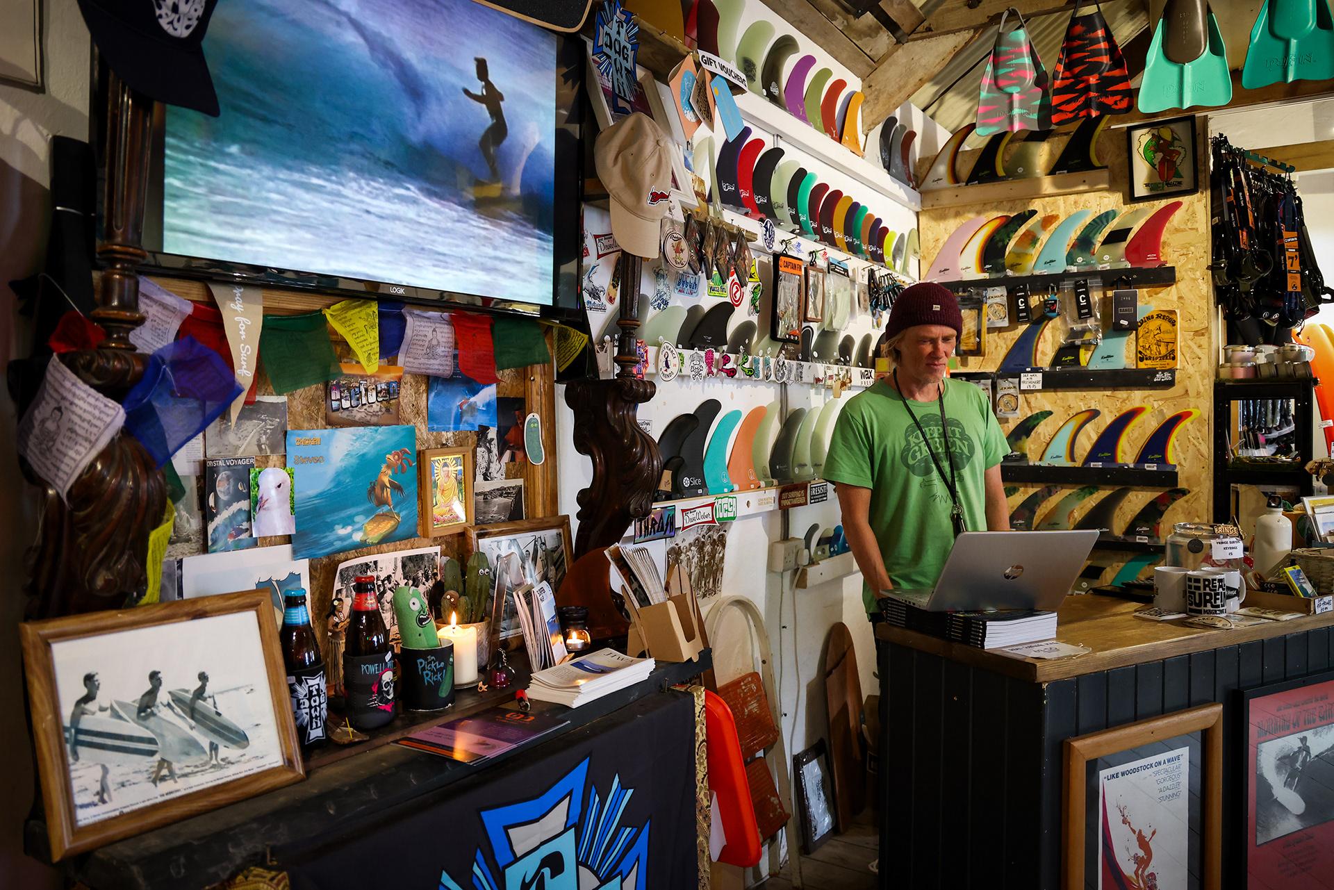 A series of environmental portraits taken for Steve Halpin and his alternative surfshop, "The Temple of Fringe" located on Bank St in Newquay, Cornwall. Steve, aka Stevo is a well-known and loved character in the Newquay community and writes an annual magazine named Real Surfing Magazine. © Luke Williams, 2023. All rights reserved.