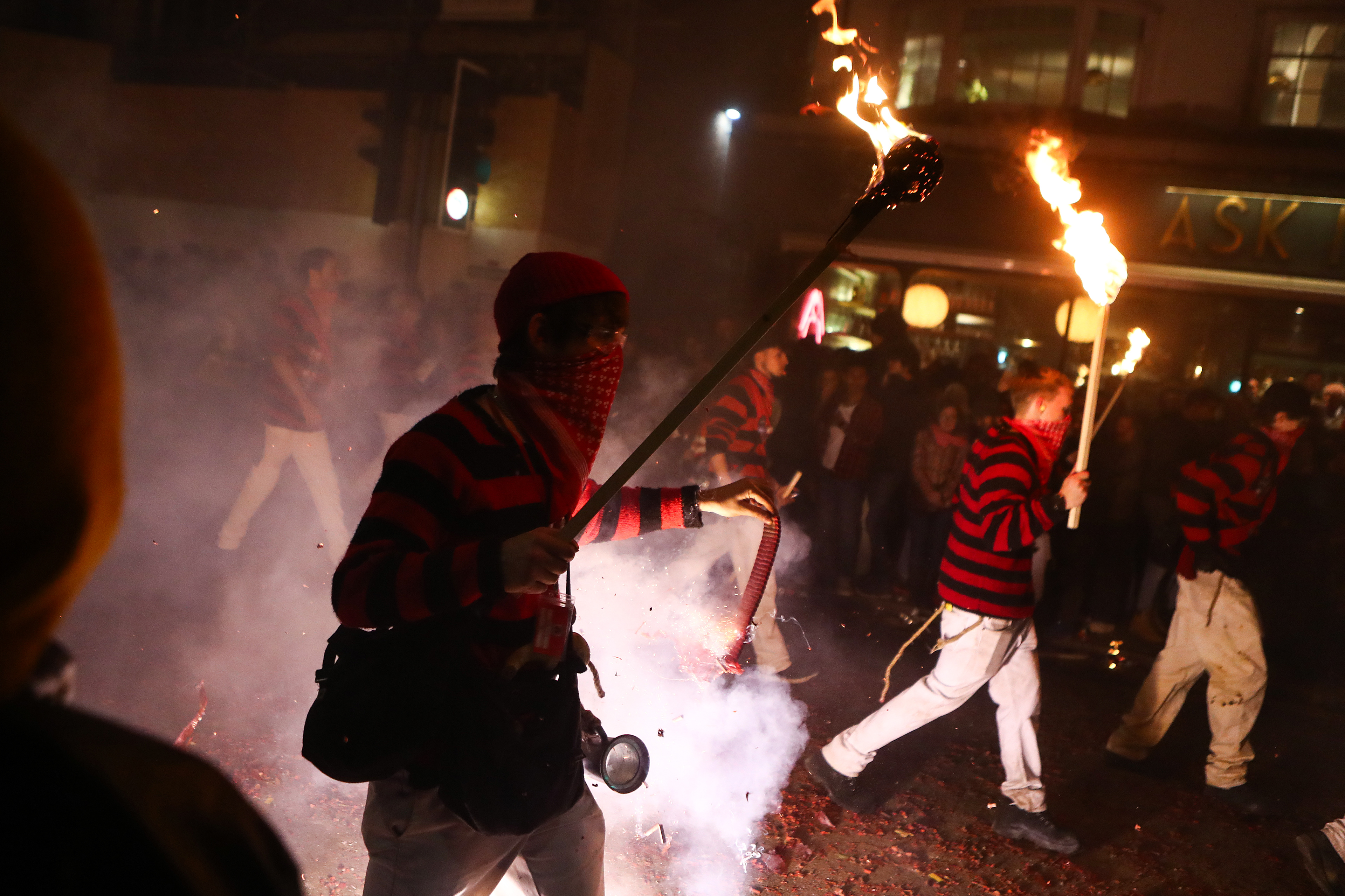 Wednesday 5th November 2025: Southover bonfire celebrations take place in Lewes, East Sussex.  The night involves societies from around the Lewes area marching through the streets with torches and burning effigy’s at designated fire sites.