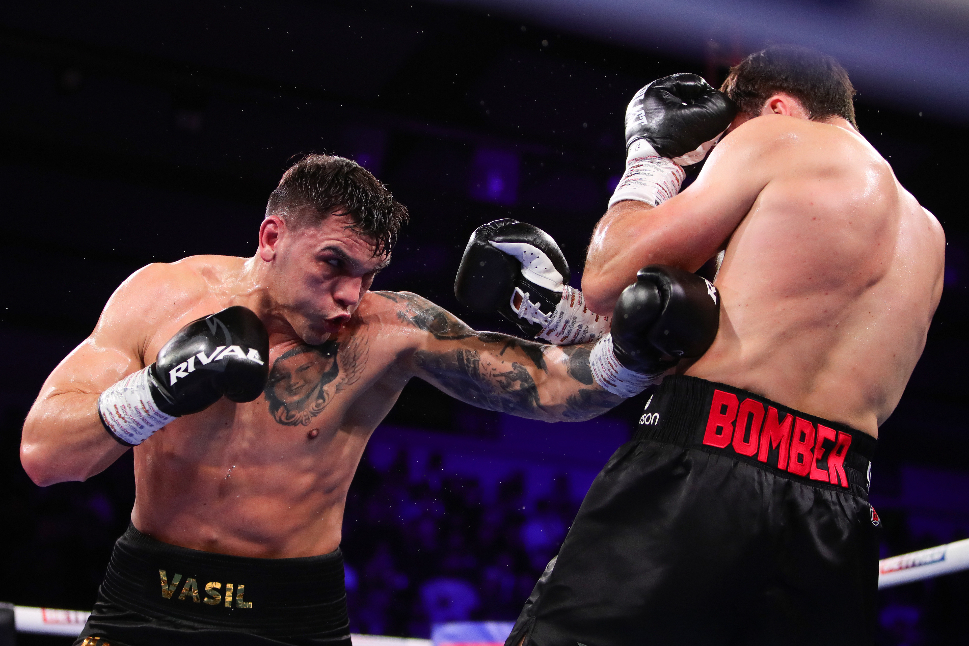 Vasil Ducar punches Pat Brown during the Pat Brown vs Vasil Duca WBA Intercontinental Cruiserweight Title fight at the Planet Ice Arena, Altrincham, England, United Kingdom on 3 April 2026 @everysecondmedia