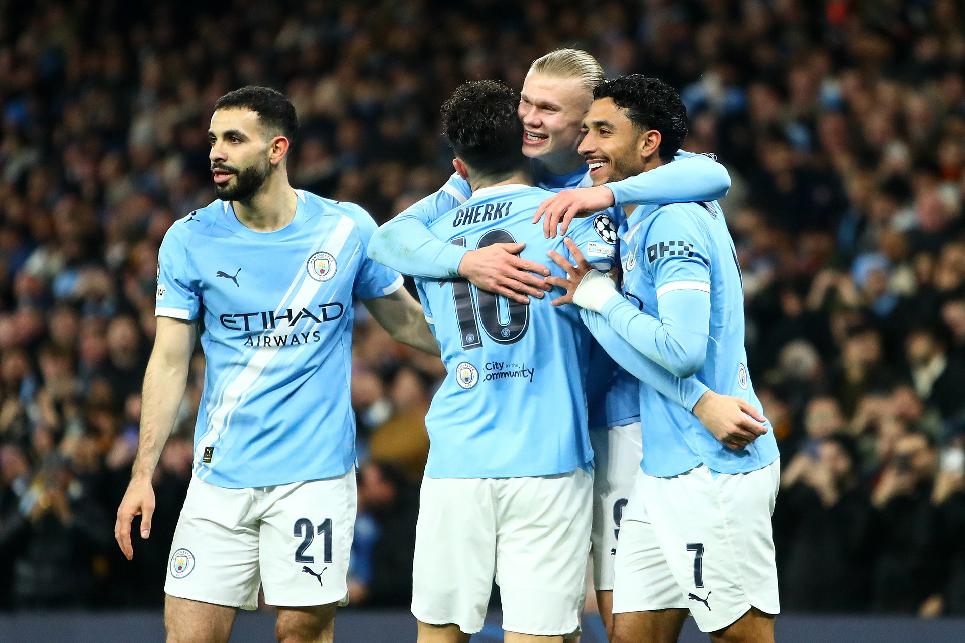 Erling Haaland of Manchester City scores a GOAL 1-0 and celebrates with Rayan Cherki of Manchester City during the Manchester City v Galatasaray S.K. UEFA Champions League MD8 match at the Etihad Stadium, Manchester, England on 28 January 2026 @everysecondmedia