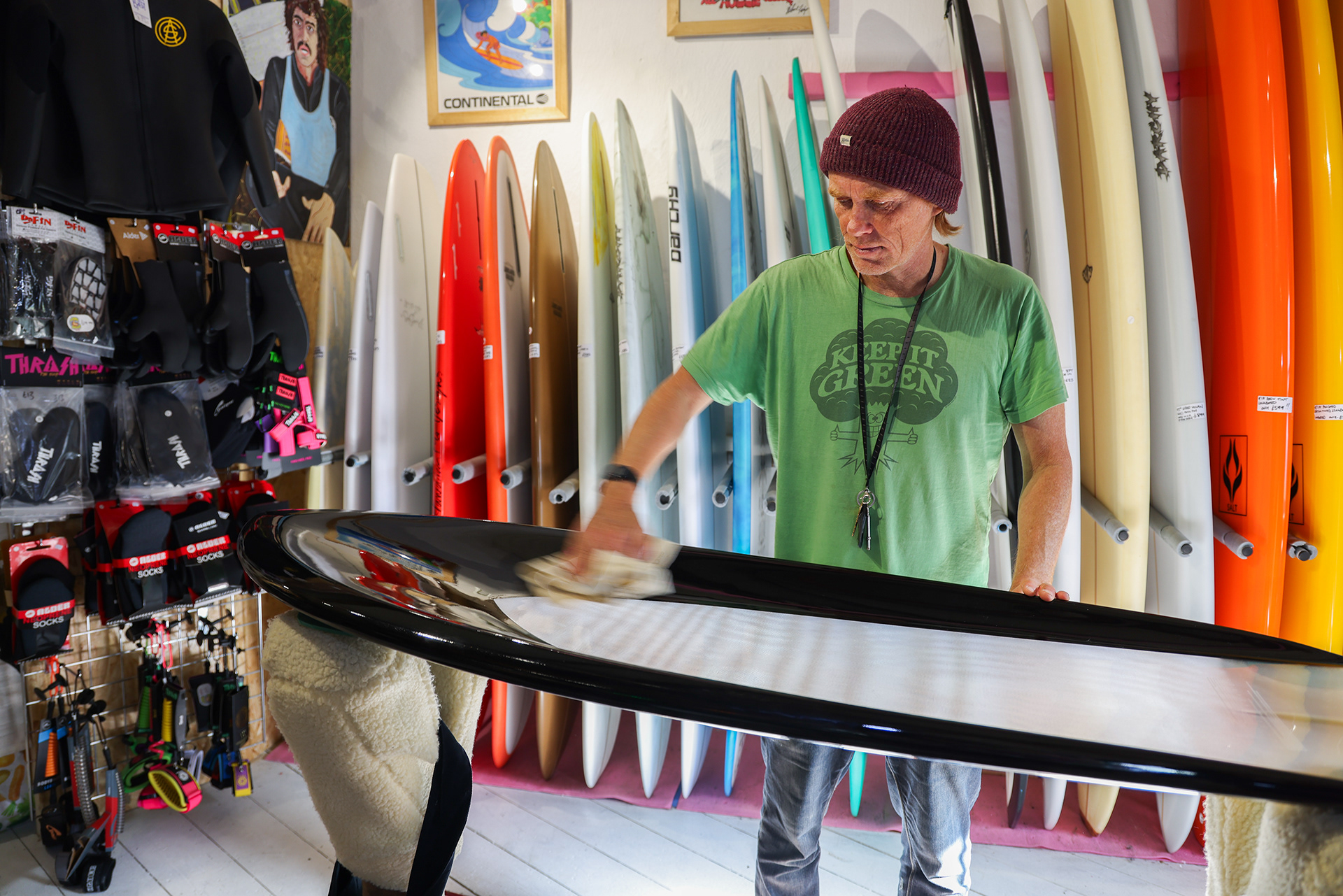 A series of environmental portraits taken for Steve Halpin and his alternative surfshop, "The Temple of Fringe" located on Bank St in Newquay, Cornwall. Steve, aka Stevo is a well-known and loved character in the Newquay community and writes an annual magazine named Real Surfing Magazine. © Luke Williams, 2023. All rights reserved.