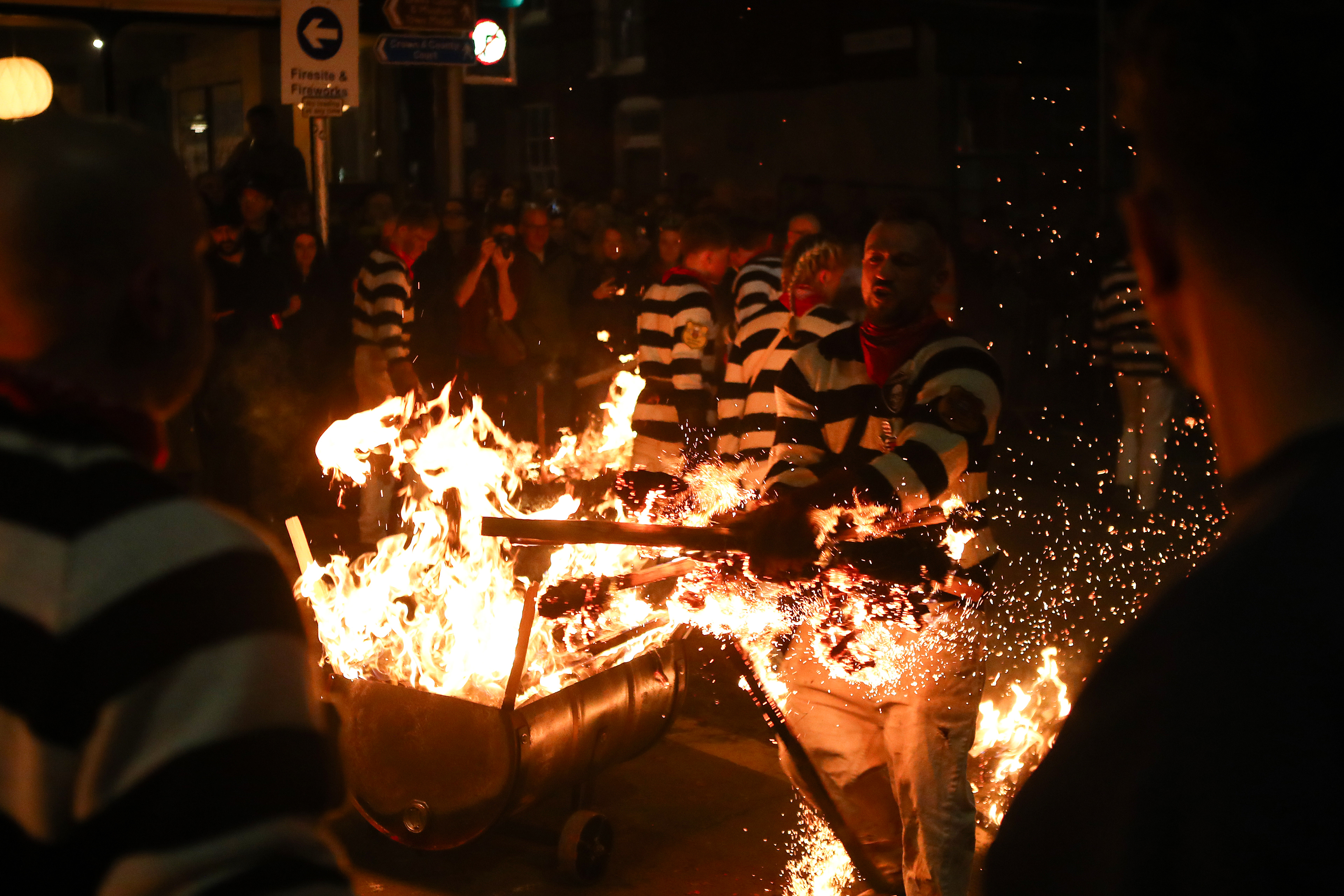Wednesday 5th November 2025: Southover bonfire celebrations take place in Lewes, East Sussex.  The night involves societies from around the Lewes area marching through the streets with torches and burning effigy’s at designated fire sites.