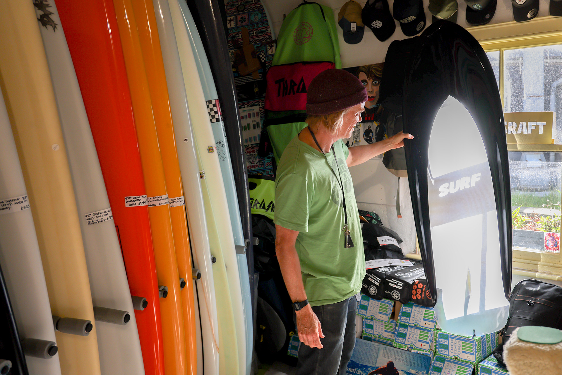 A series of environmental portraits taken for Steve Halpin and his alternative surfshop, "The Temple of Fringe" located on Bank St in Newquay, Cornwall. Steve, aka Stevo is a well-known and loved character in the Newquay community and writes an annual magazine named Real Surfing Magazine. © Luke Williams, 2023. All rights reserved.