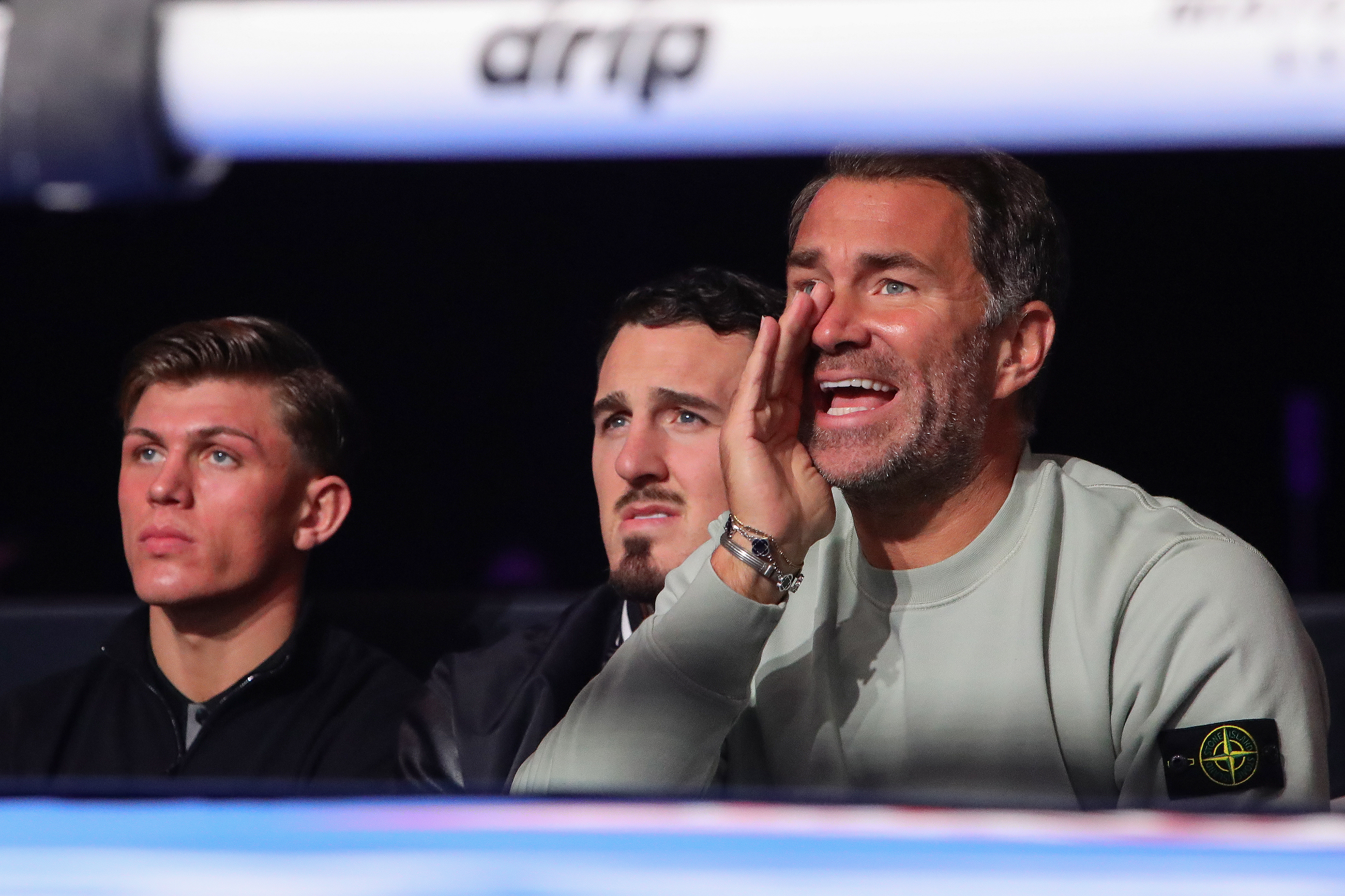 Promoter, Eddie Hearn gestures during the Pat Brown vs Vasil Duca WBA Intercontinental Cruiserweight Title fight at the Planet Ice Arena, Altrincham, England, United Kingdom on 3 April 2026 @everysecondmedia