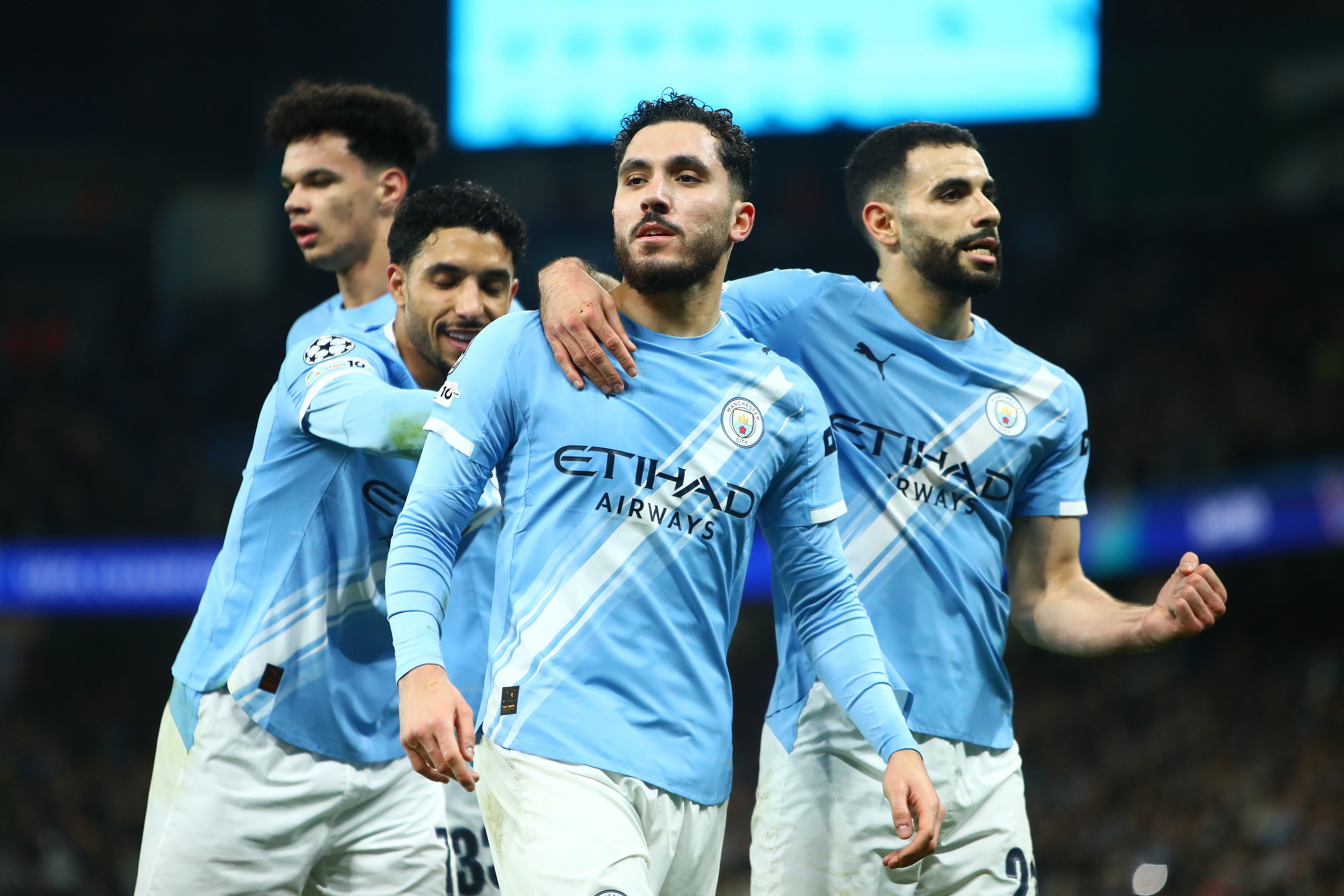 Rayan Cherki of Manchester City scores a GOAL 2-0 and celebrates with Rayan Aït-Nouri of Manchester City during the Manchester City v Galatasaray S.K. UEFA Champions League MD8 match at the Etihad Stadium, Manchester, England on 28 January 2026 @everysecond media