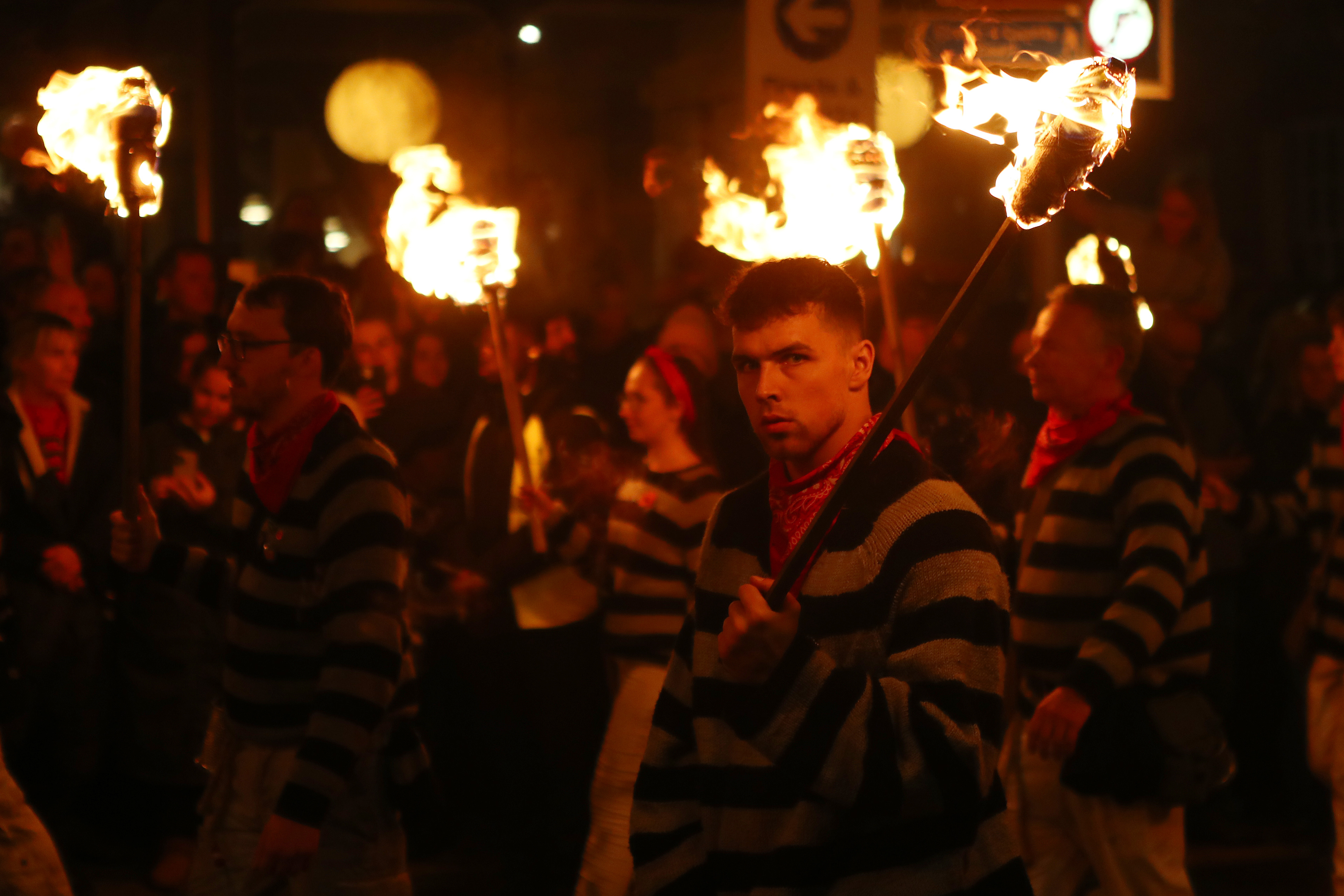 Wednesday 5th November 2025: Southover bonfire celebrations take place in Lewes, East Sussex.  The night involves societies from around the Lewes area marching through the streets with torches and burning effigy’s at designated fire sites.