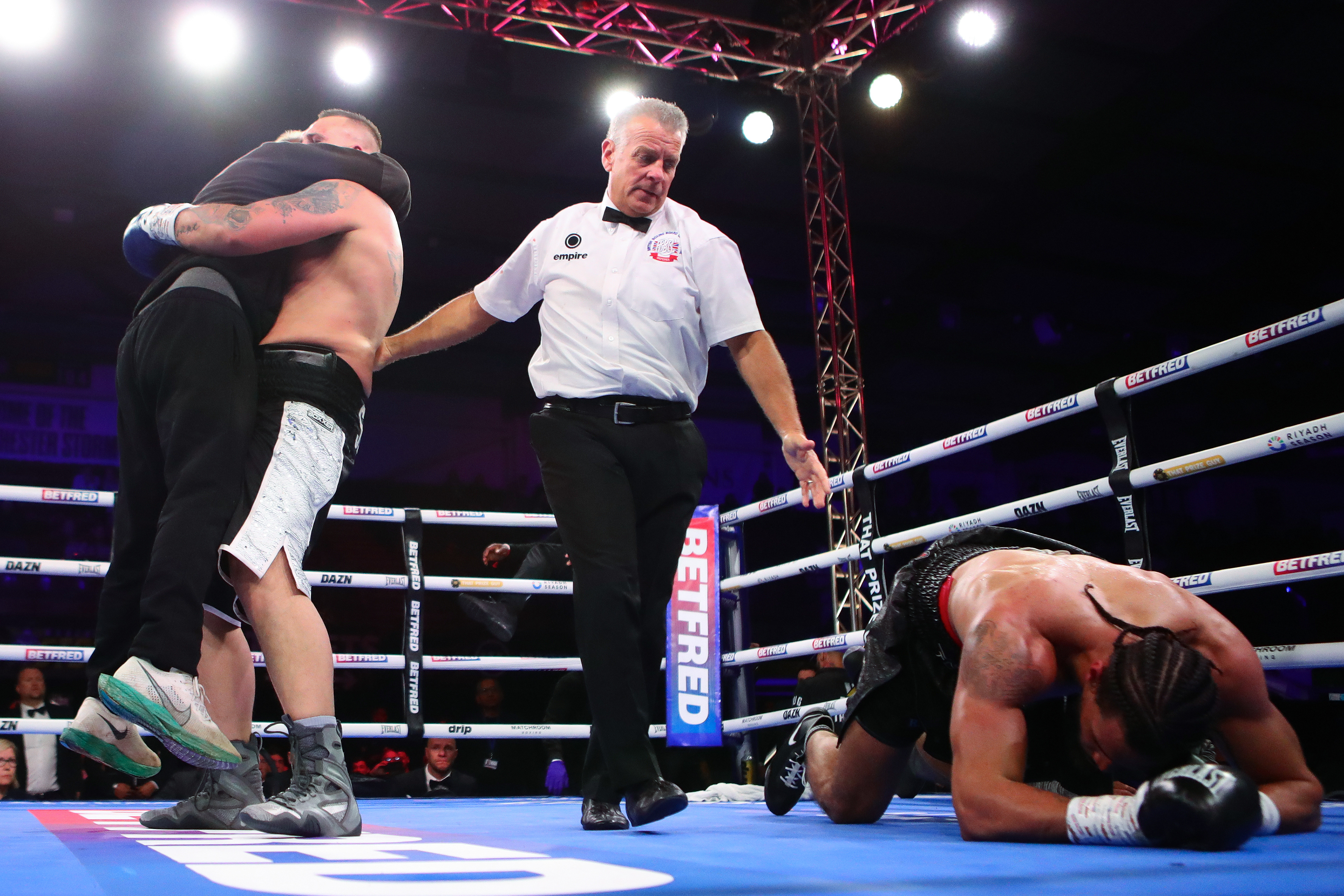 David Spilmont celebrates victory during his fight against Jordan Thompson at the Planet Ice Arena, Altrincham, England, United Kingdom on 3 April 2026. @everysecondmedia