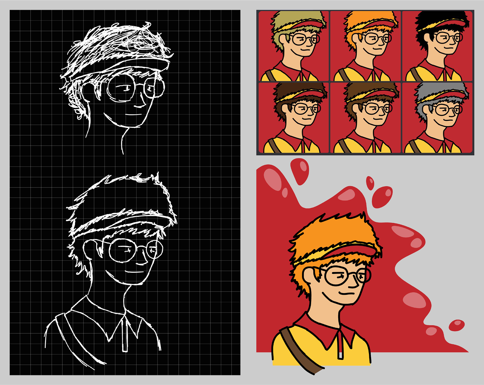 Sketches, color tests, and in-game portrait for the manager character (designed by teammate)