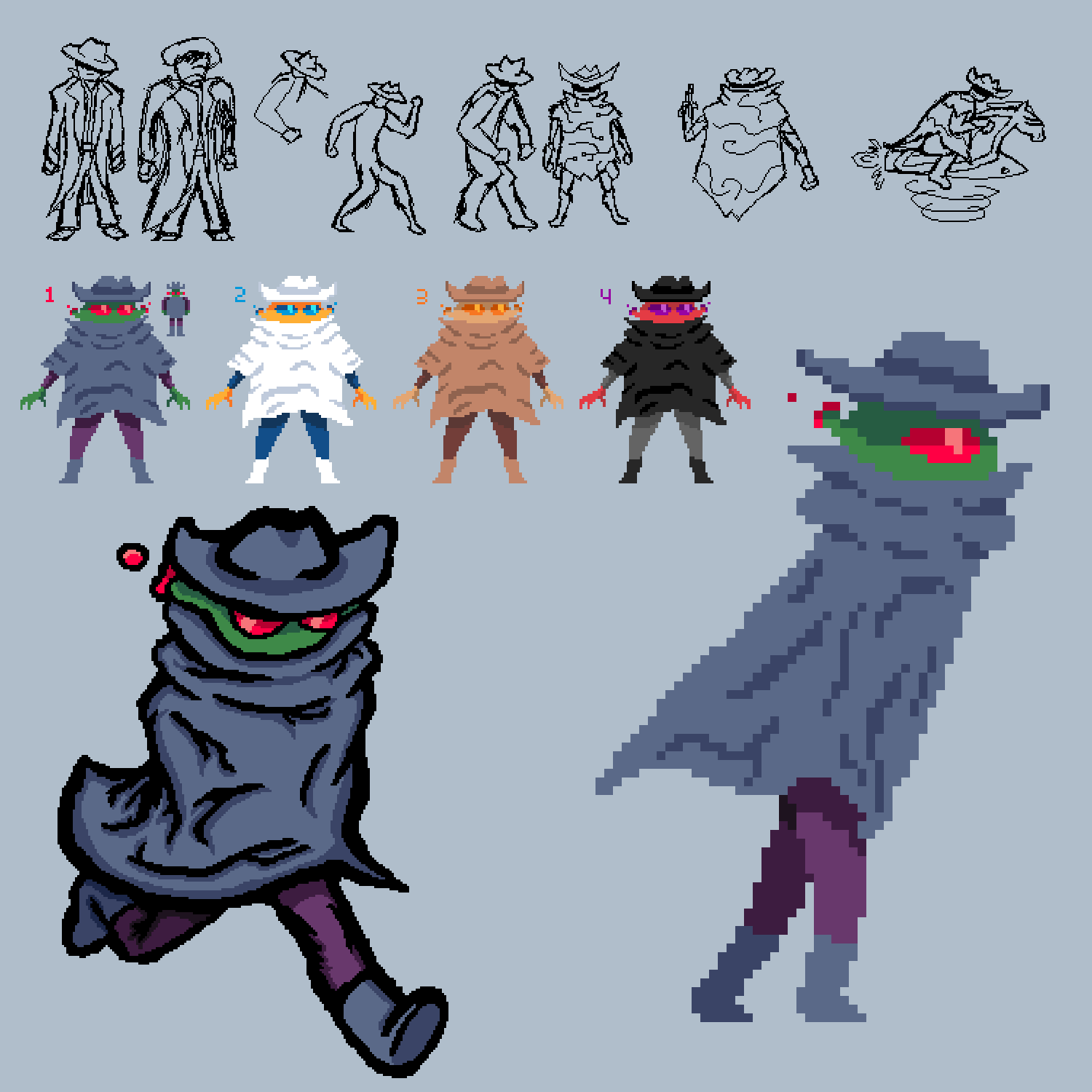 Concept sketches and final sprite for player character
