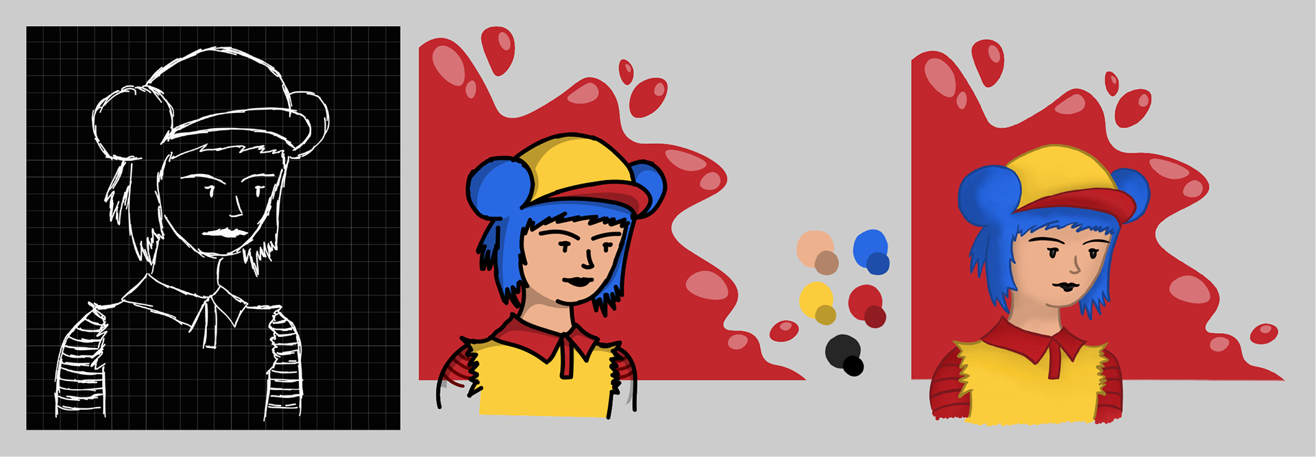 Sketch and in-game portrait for the delivery girl character (designed by teammate)