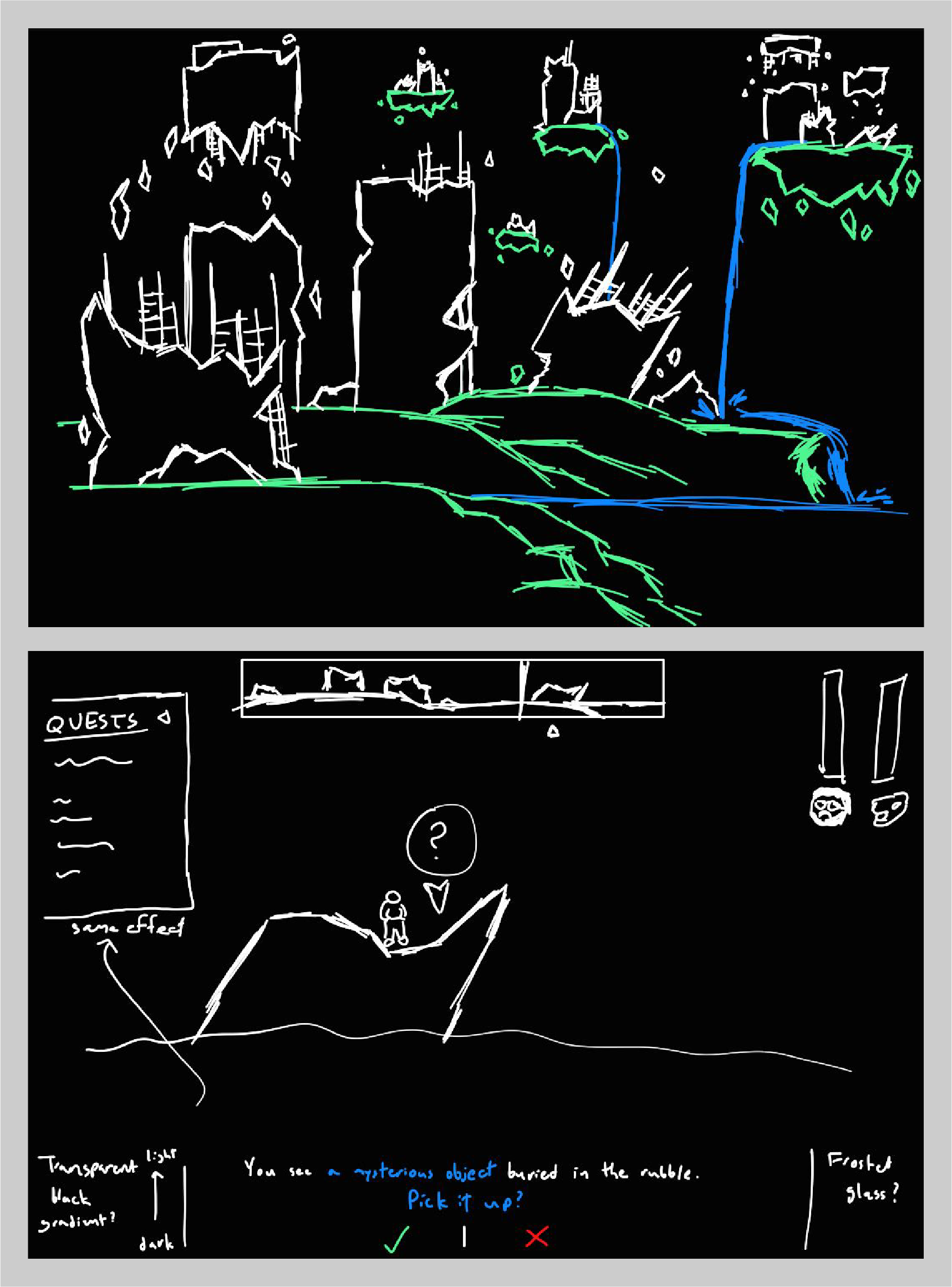 Sketches for adventure game scene/UI layout