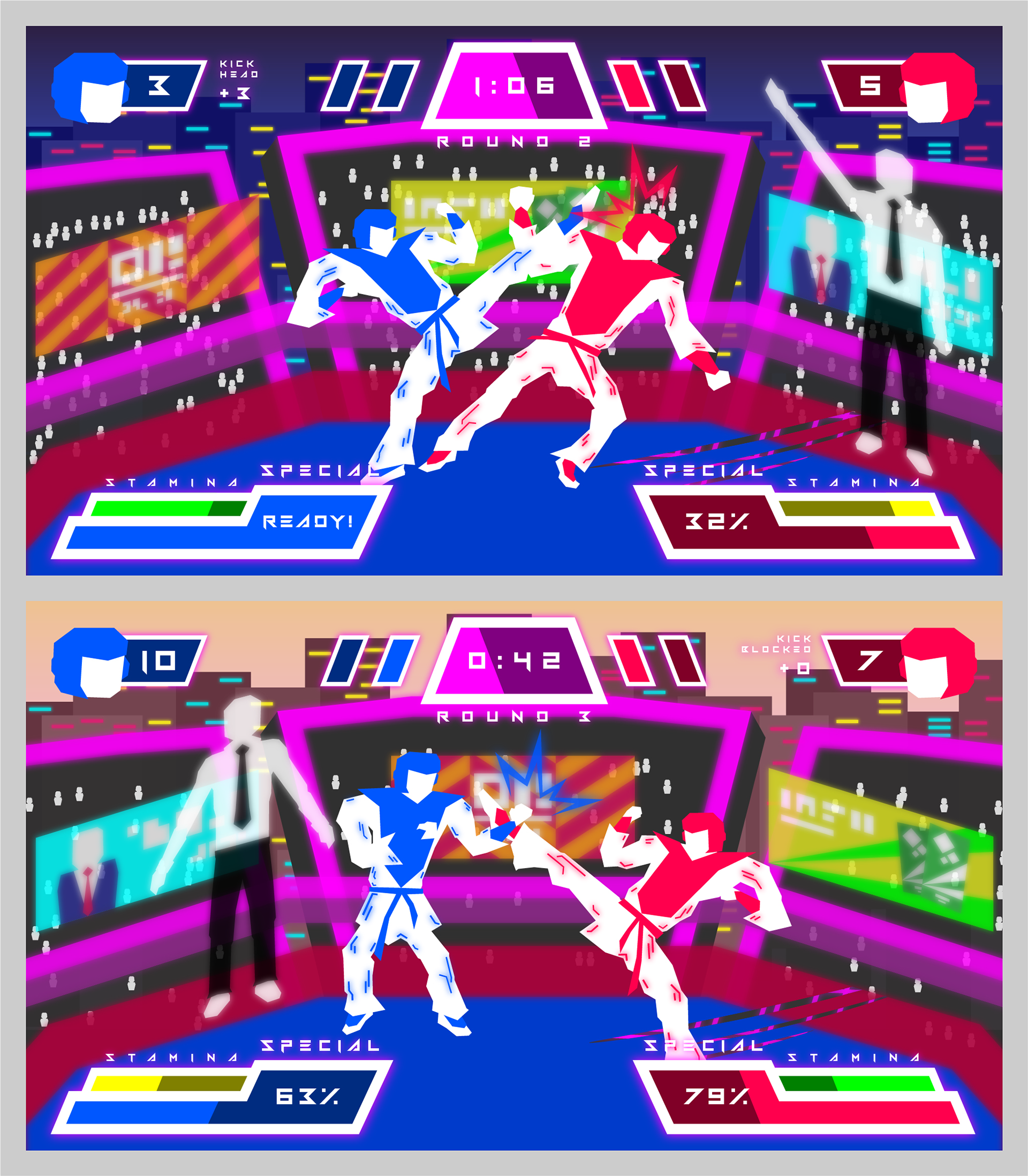 UI/environment mockups for a Taekwondo-inspired fighting game (Feb - Mar 2022)