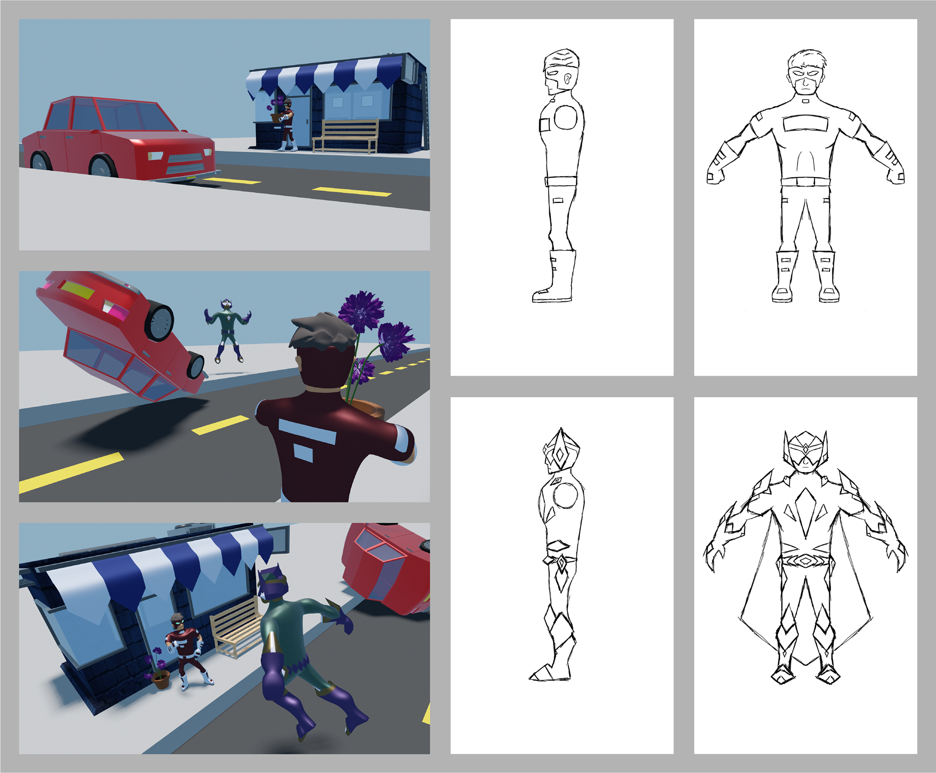 Hero vs. Villain fight scene & character sketches (Blender, Nov - Dec 2021)