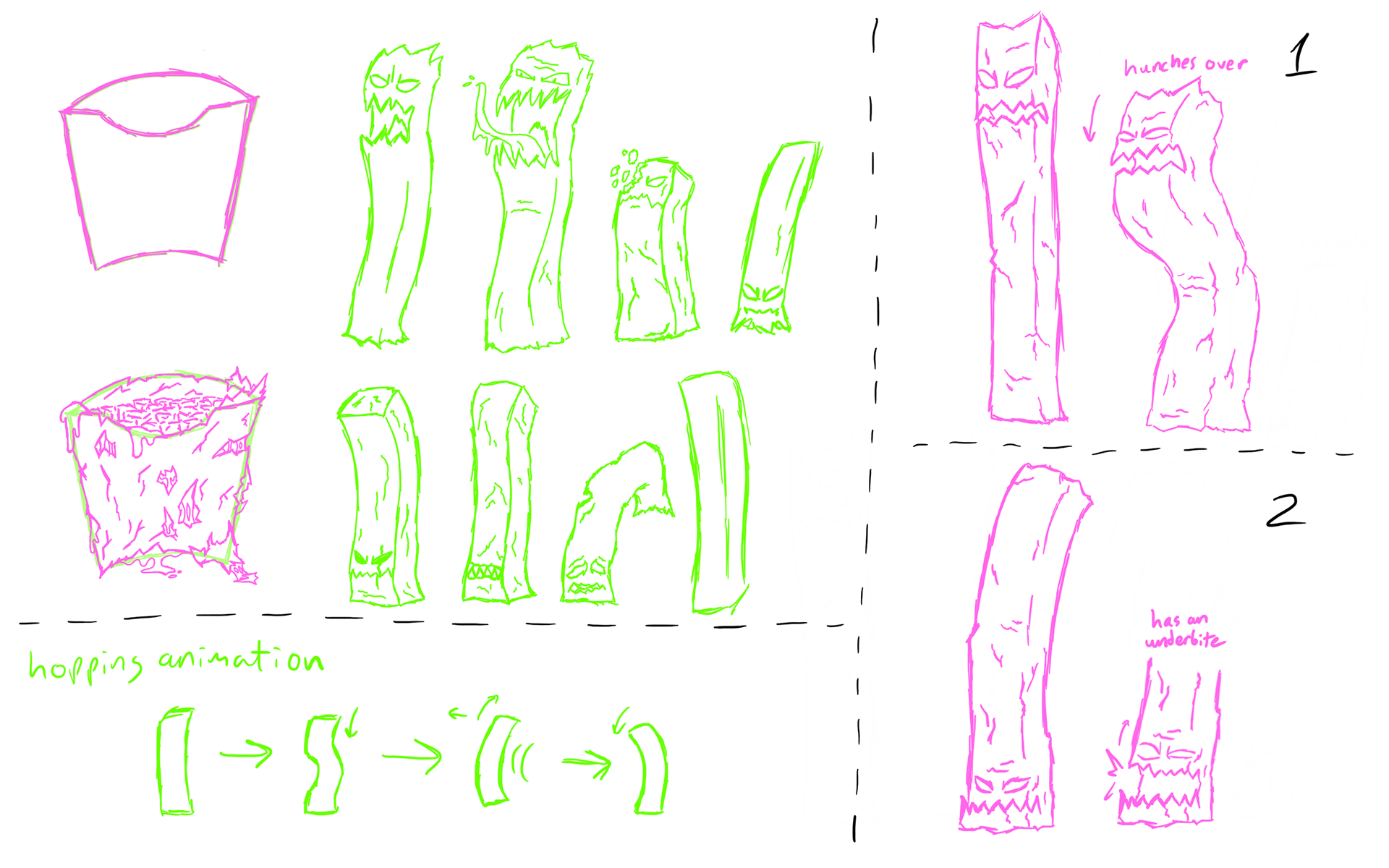 Concept sketches for french fry enemy