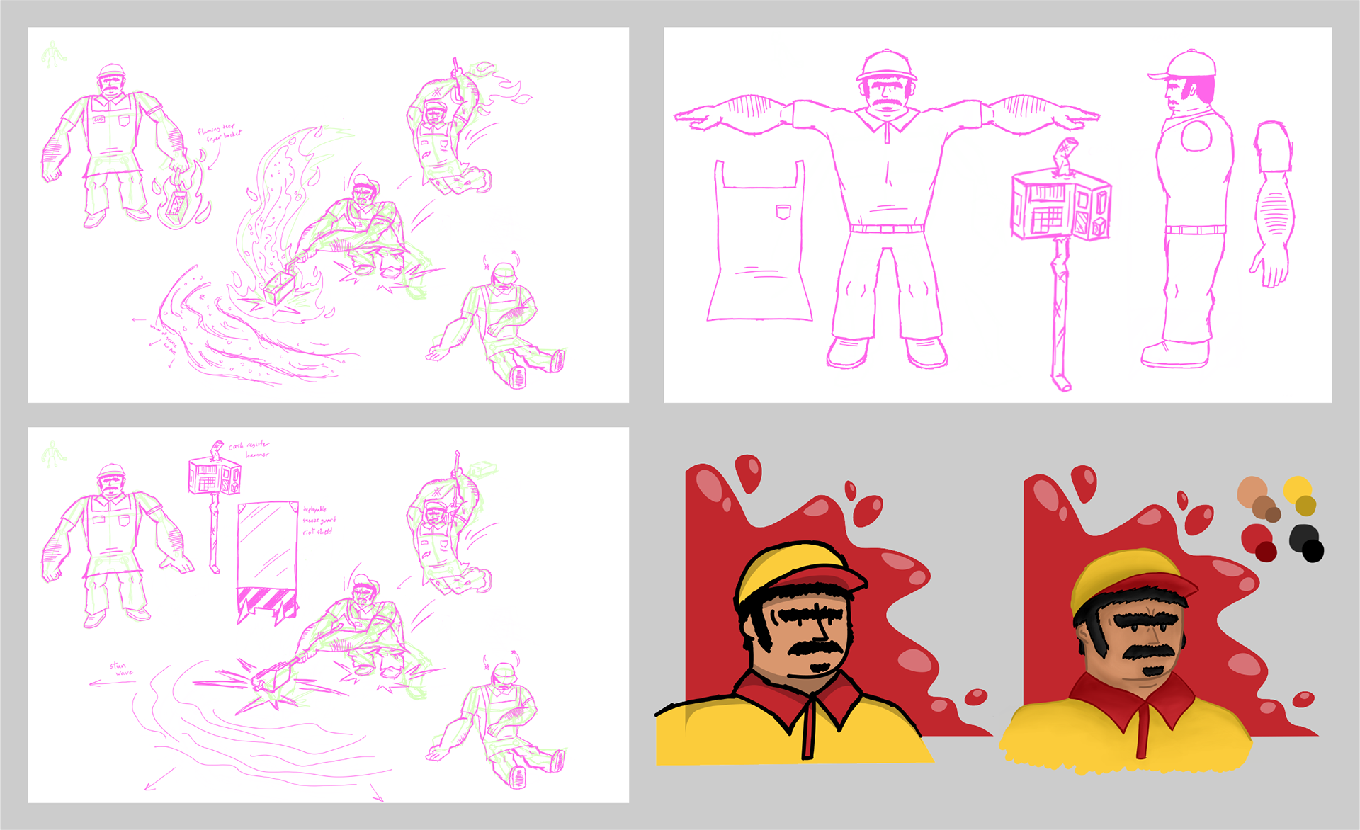 Concept sketches and in-game portrait for the cashier character