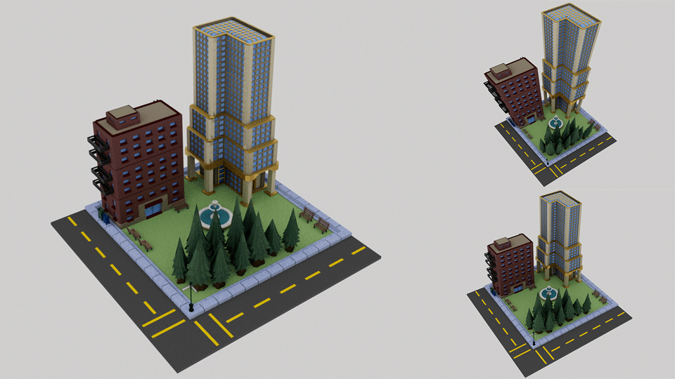City environment model turntable + perspective & isometric renders (Autodesk Maya, Apr - May 2024)