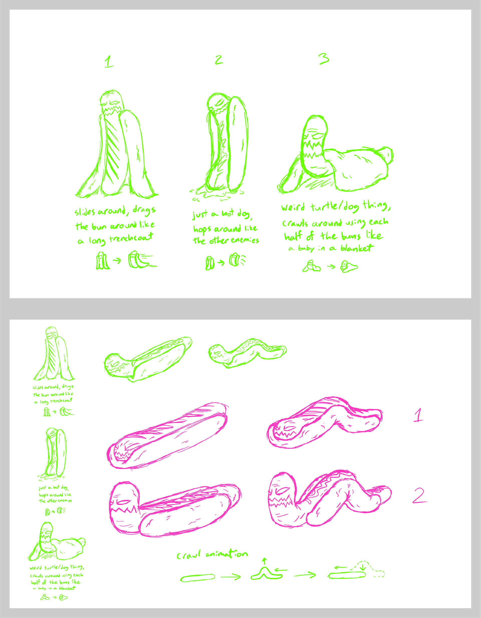 Concept sketches for hot dog enemy