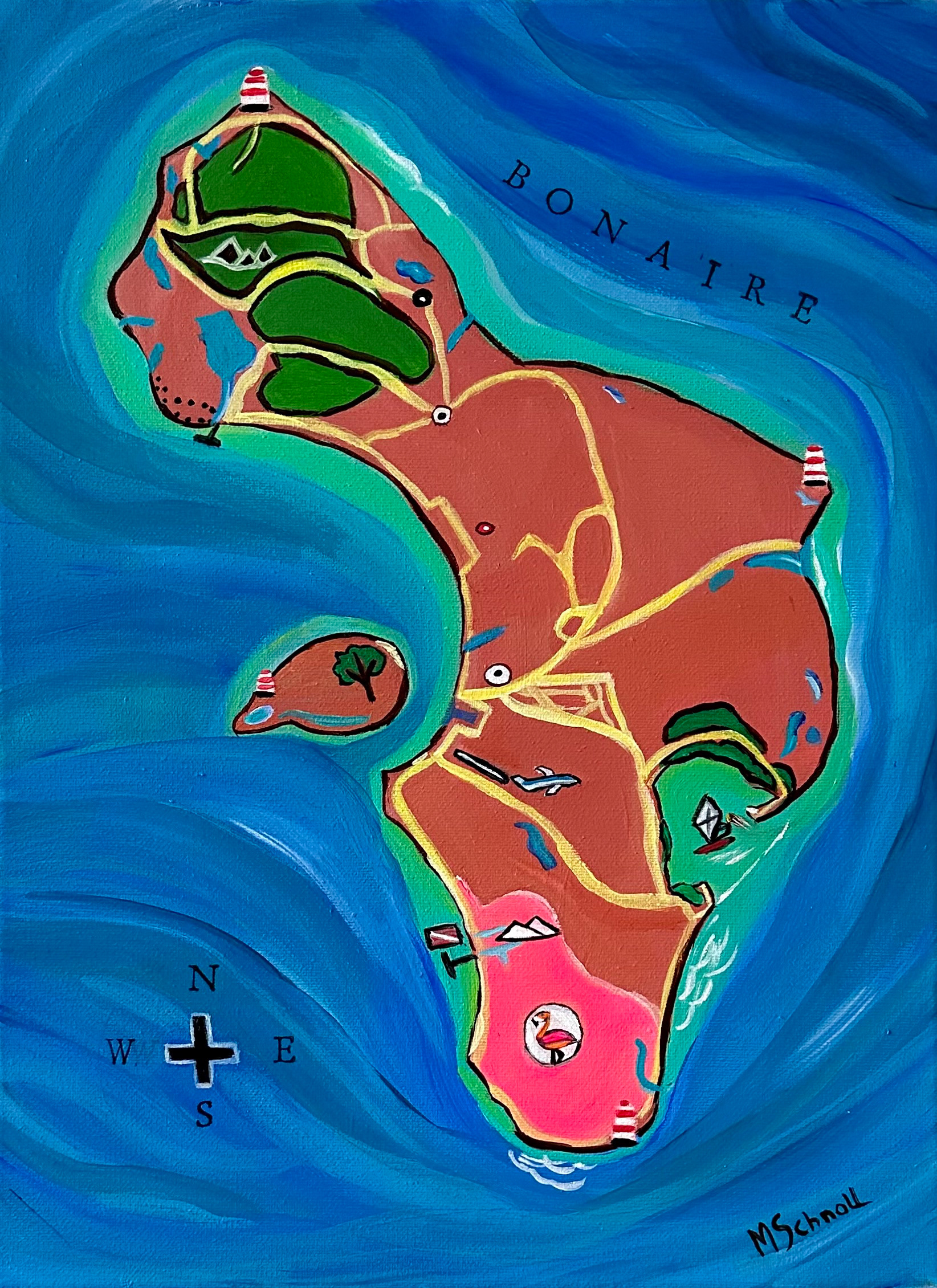 Bonaire Map, Acrylic on Canvas, Available for order and customization