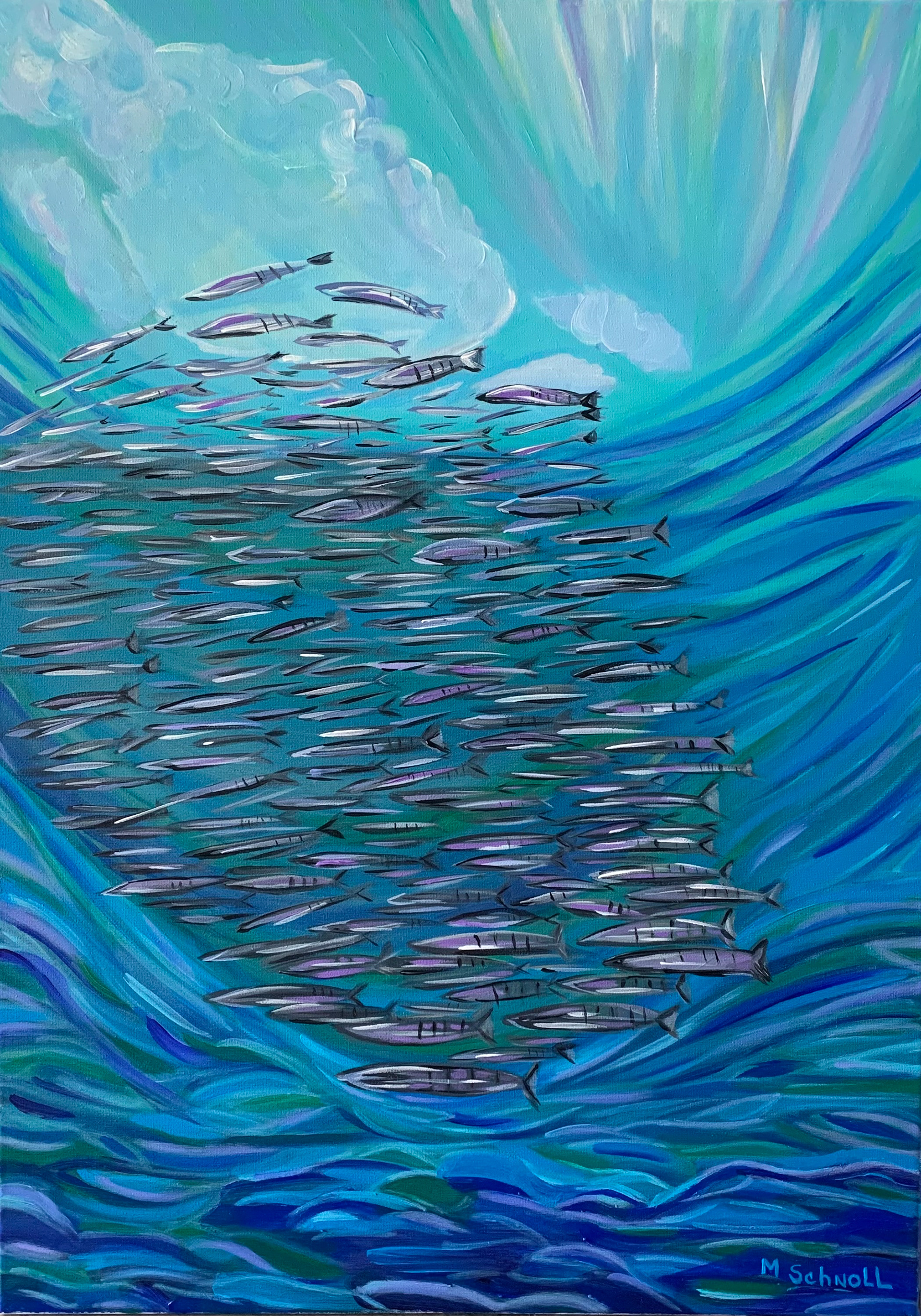SOLD Schooling Barracuda, Acrylic on Canvas