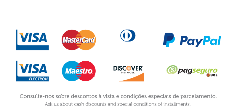 Aceitamos cartões de crédito e débito e parcelamos em até 12X sem juros.