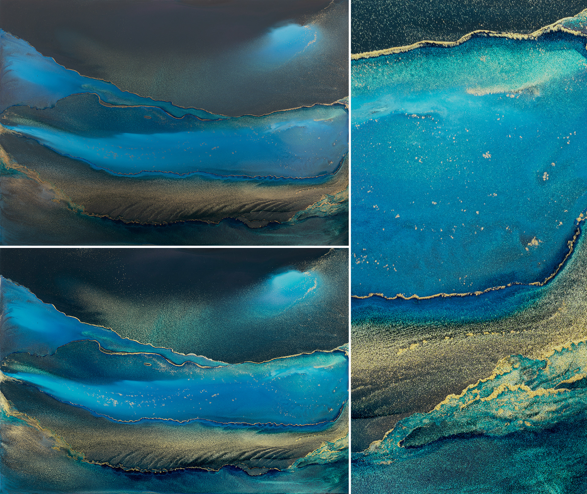 Alcohol Ink Art Reproduction - multiple photographs needed to capture the gold highlights, blended together for the final result