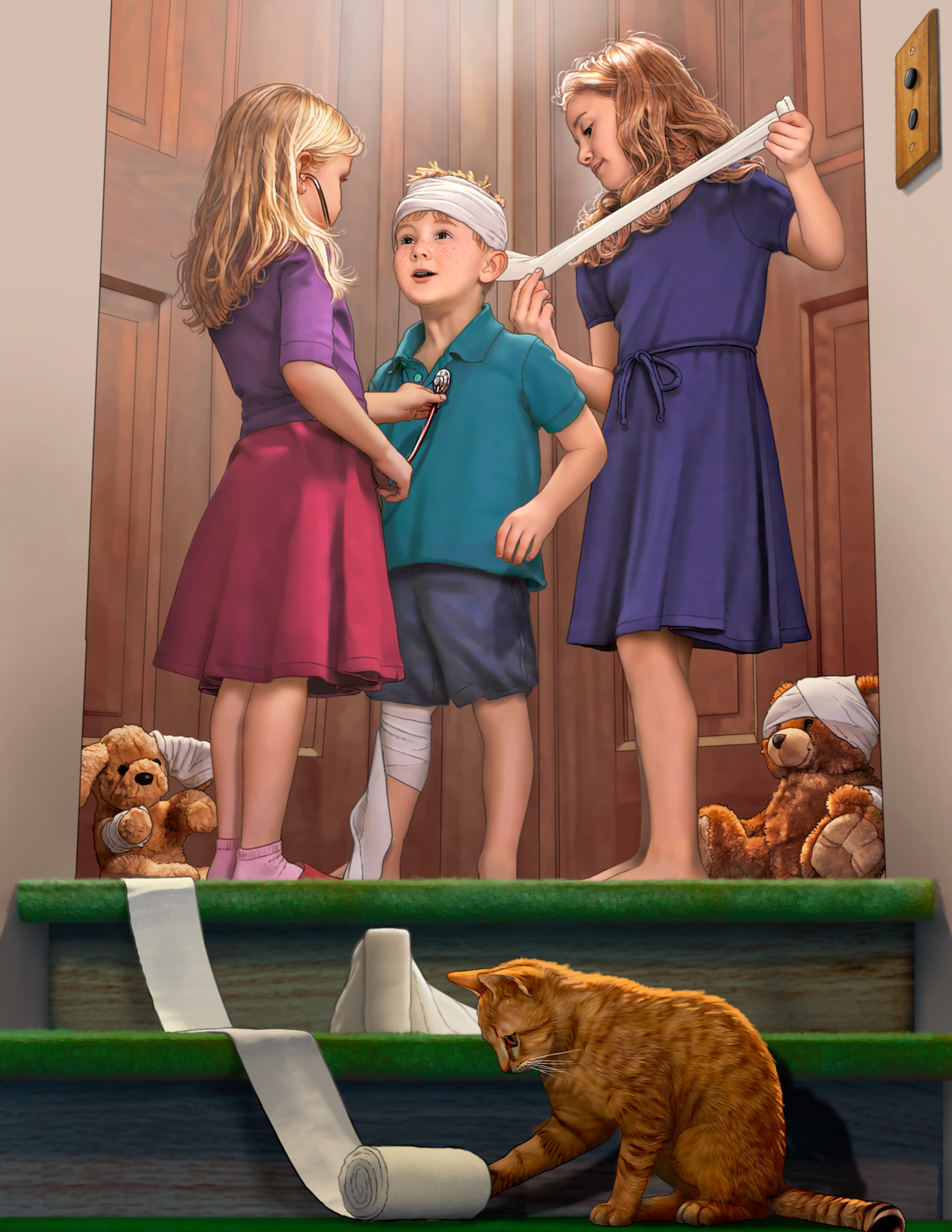 children, playing, siblings, childrens book, illustration, bookcover, book cover, pet, cat