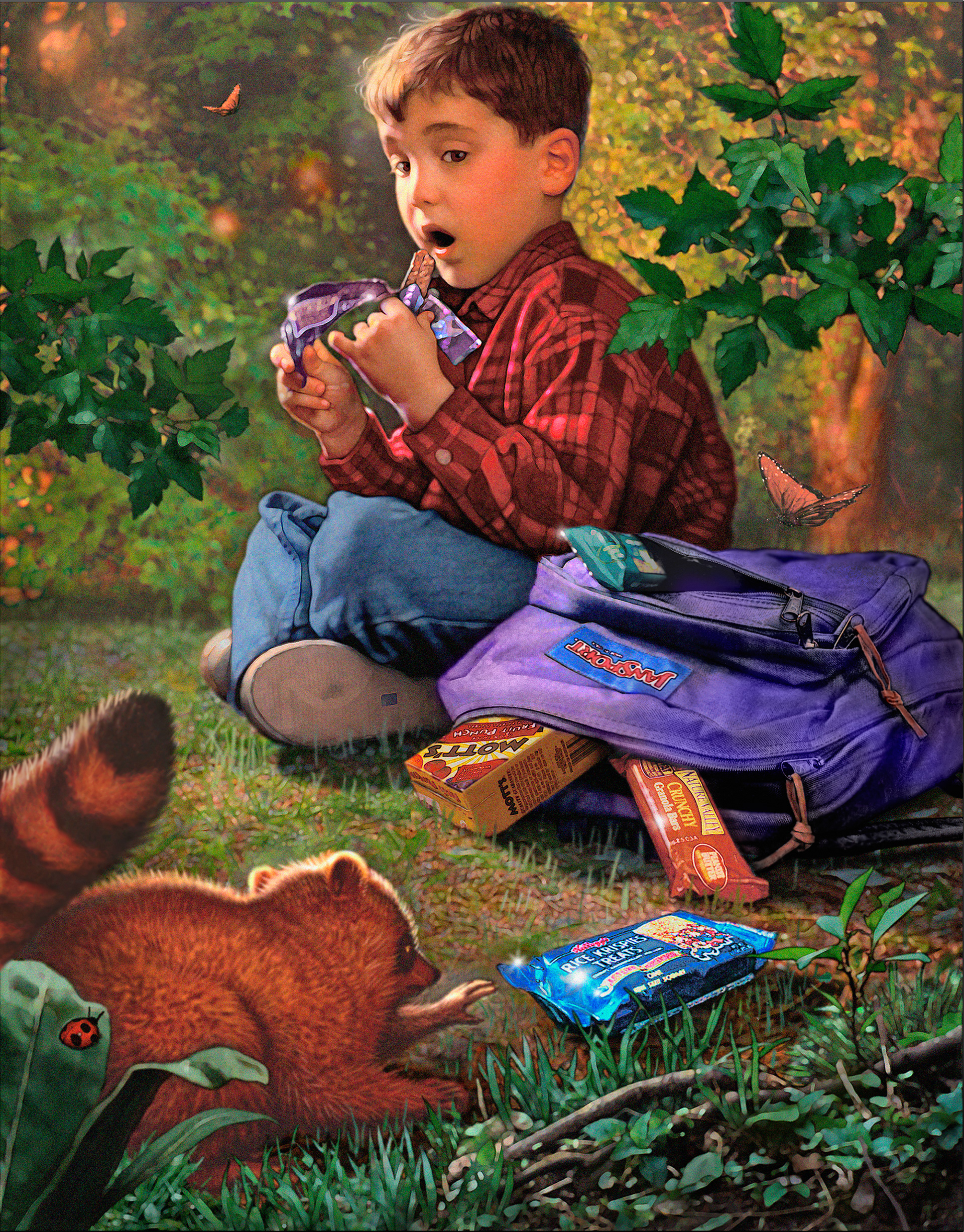 child, childrens book, illustration, boy, woods, animal, racoon, food product, nature, realism, Illustration, realistic illustration, #realisticillustration, book cover, bookcover, #bookcover