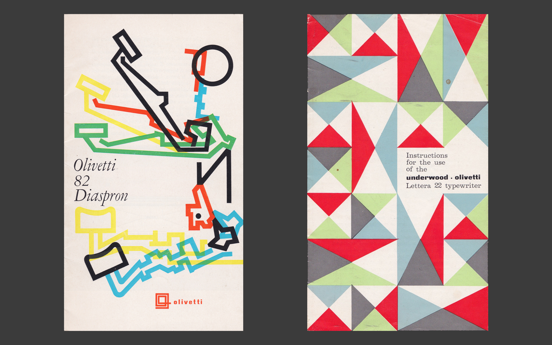 The covers of two Olivetti typewriter instruction manuals, featuring geometric designs with bold colors, including red, green, blue, and yellow.