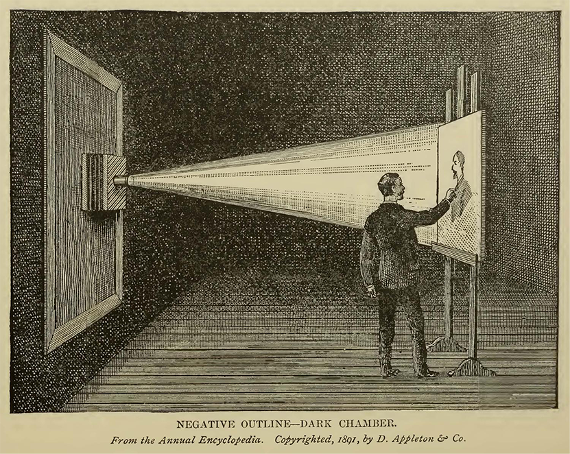 Illustration showing a man, in a dark room, standing and facing a portrait projected onto a surface that is held up by an easel.