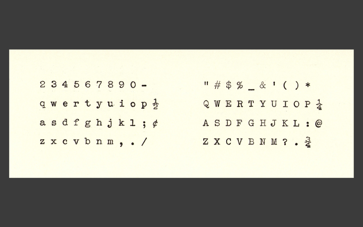 A typewriter's full keyboard of characters (letters, numbers, and symbols) is shown typed, on cream paper, in black ink.