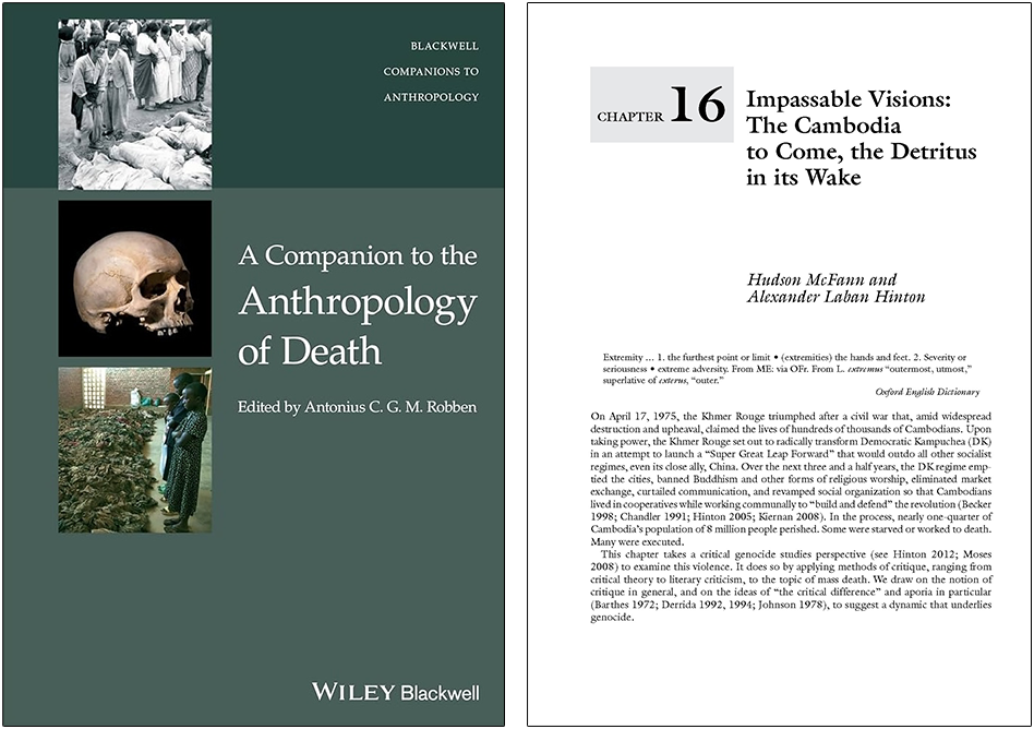 Two images side by side. On the left, the front cover of a book titled A Companion to the Anthropology of Death. On the right, the first page of Chapter 16 – titled Impassable Visions: The Cambodia to Come, the Detritus in its Wake – by Hudson McFann and Alexander Laban Hinton.