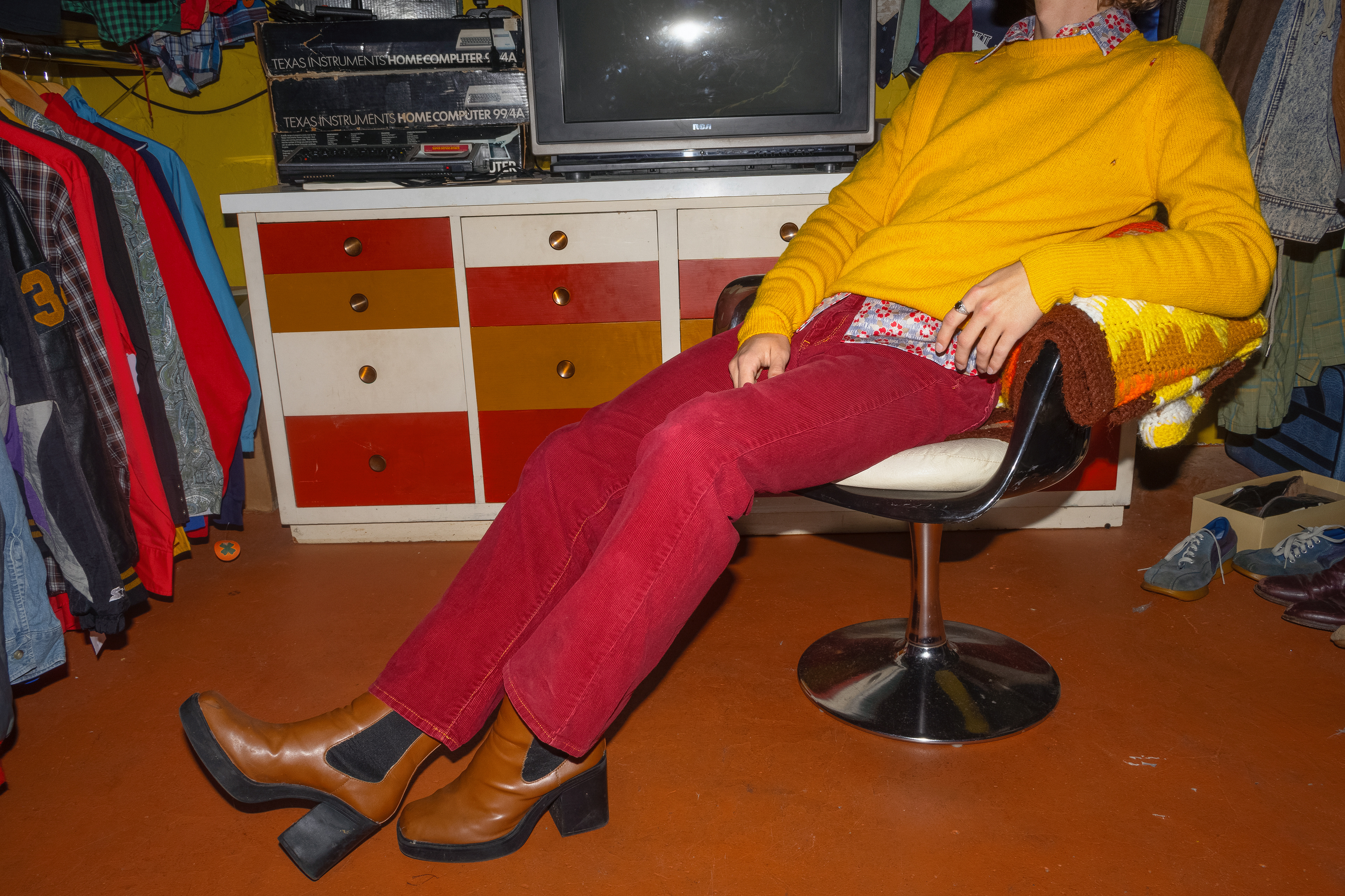vintage wool sweater and red corduroy jeans featured at crimson and clover