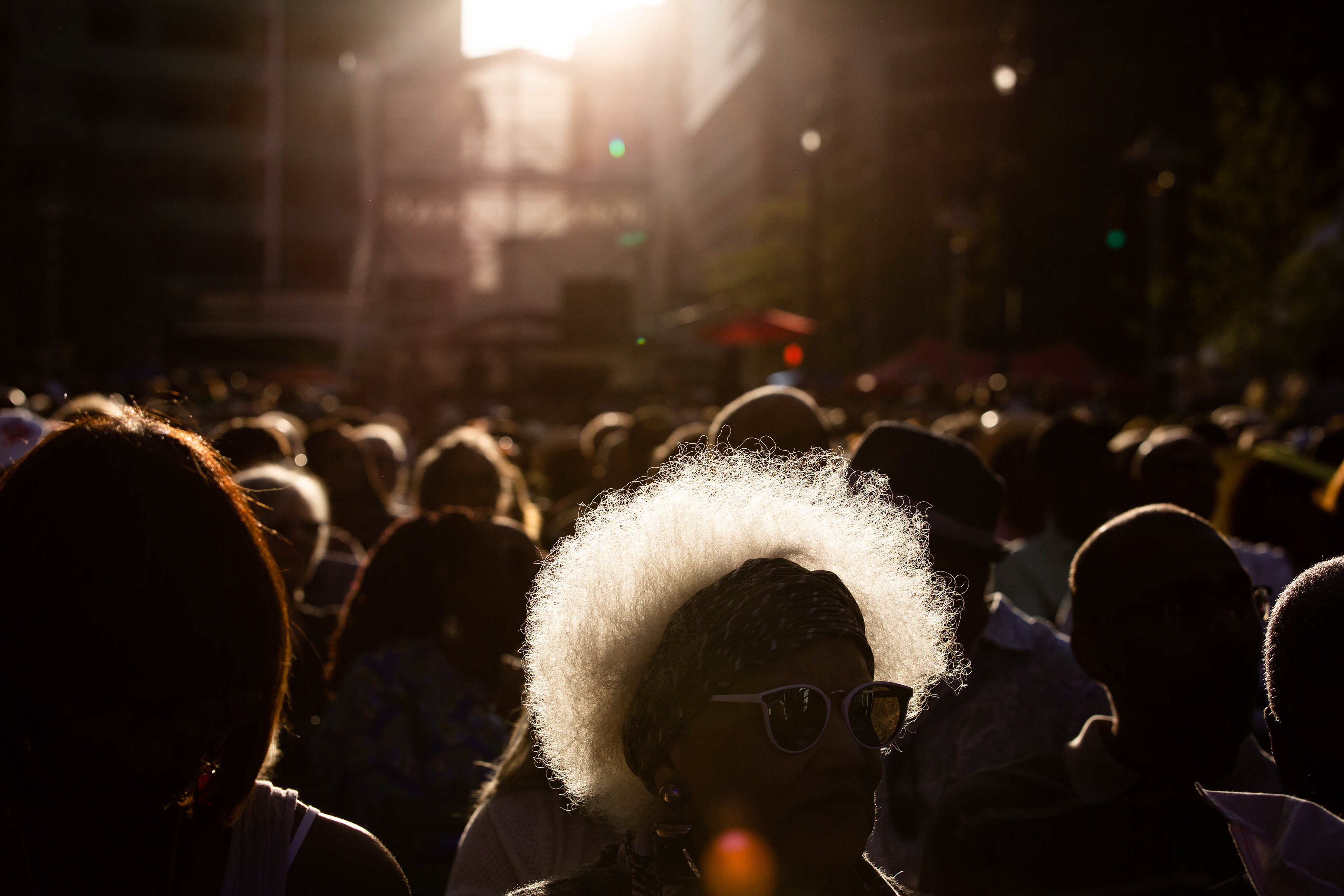 Audience members listen to Danilo Pérez’s Global Big Band during the 40th Annual Detroit Jazz Festival at Campus Martius Park on Friday, Aug. 30, 2019.