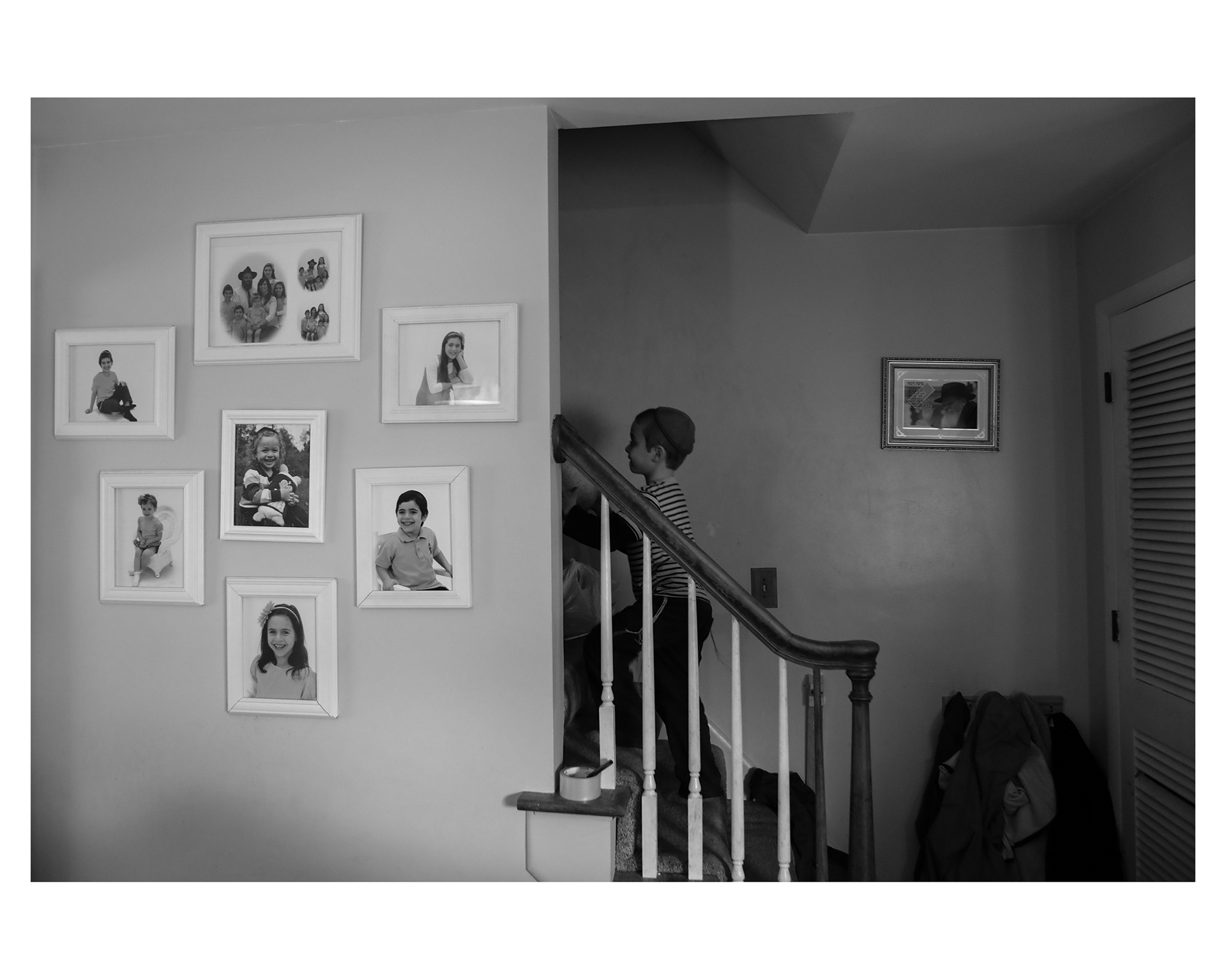 Levi runs up the stairs to look for his father and older brother.