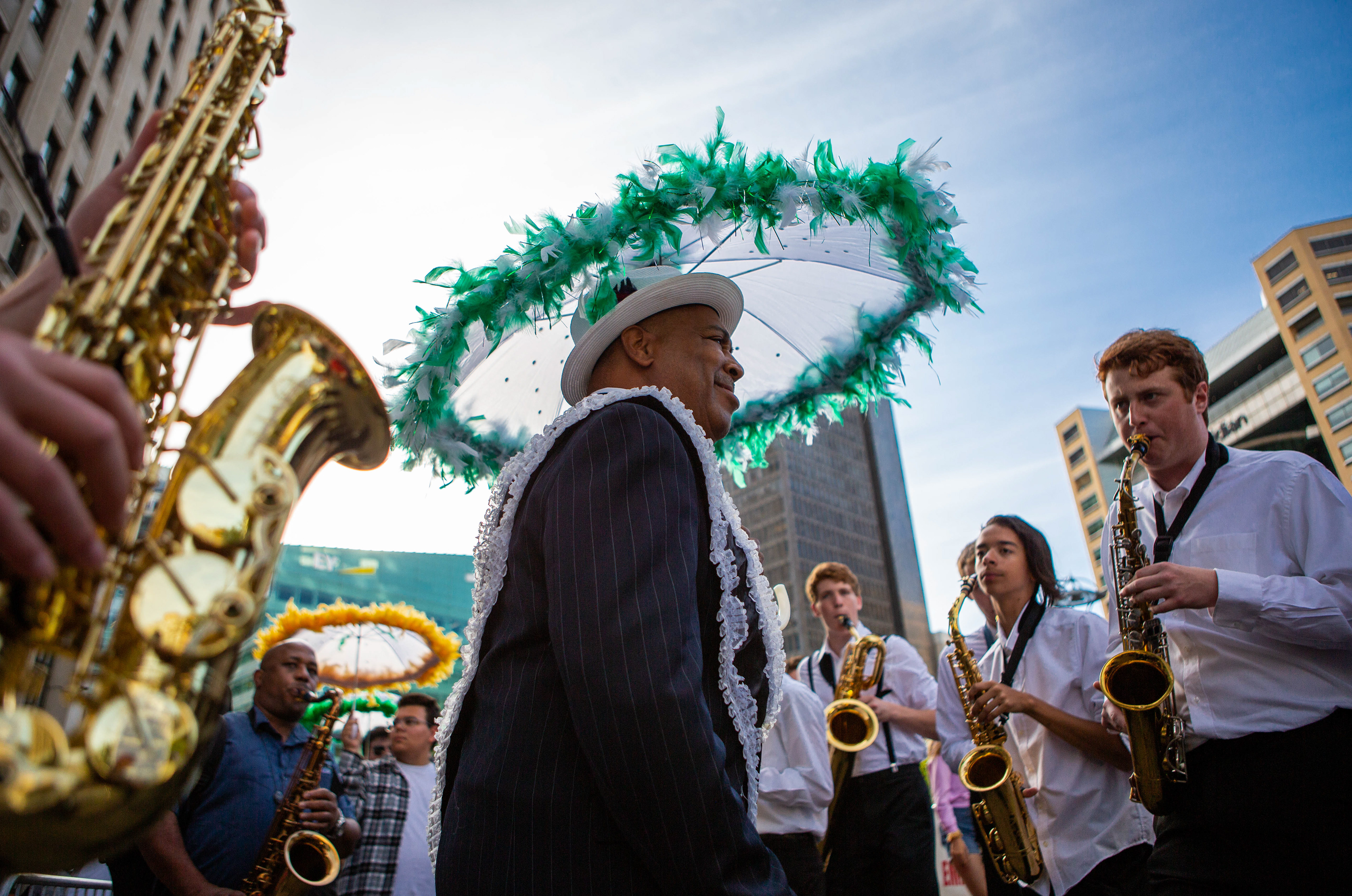 Shannon Powell leads Dr. Valades Brass Band during the 40th Annual Detroit Jazz Festival at Campus Martius Park on Friday, Aug. 30, 2019.