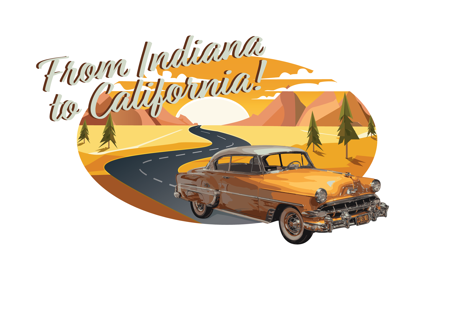 Custom illustration of the 57 Bel-Air on a highway to illustrate Route 66 aesthetics