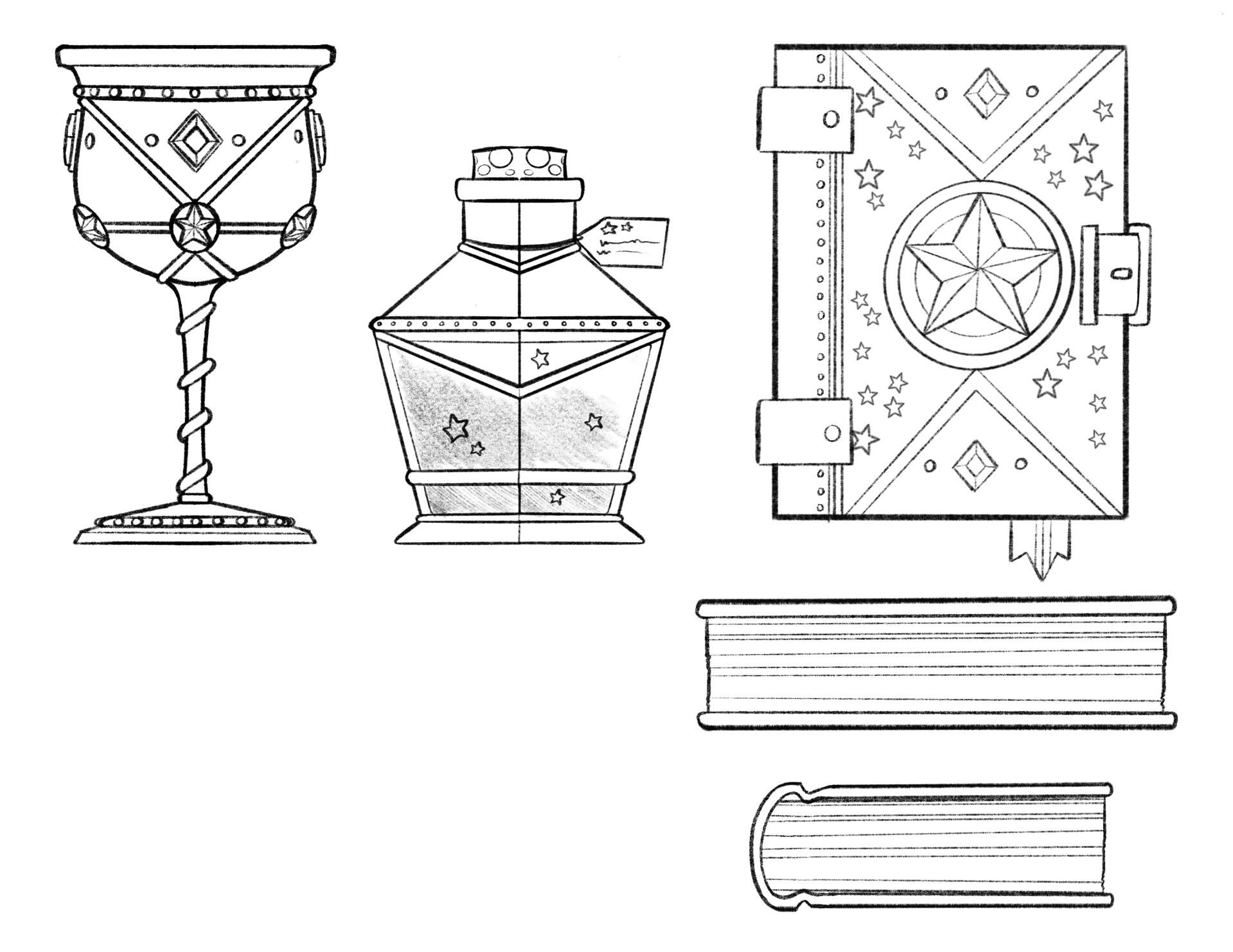 Cup, bottle, and book concept art, 2021