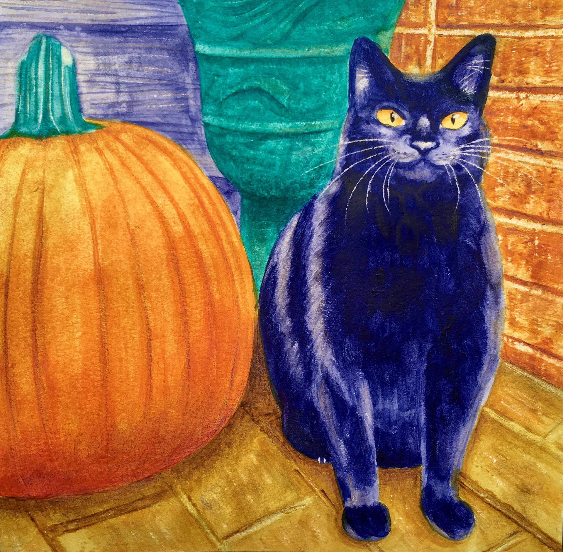 A split complementary color scheme watercolor piece of my cat Hershey, completed in fall of 2018
