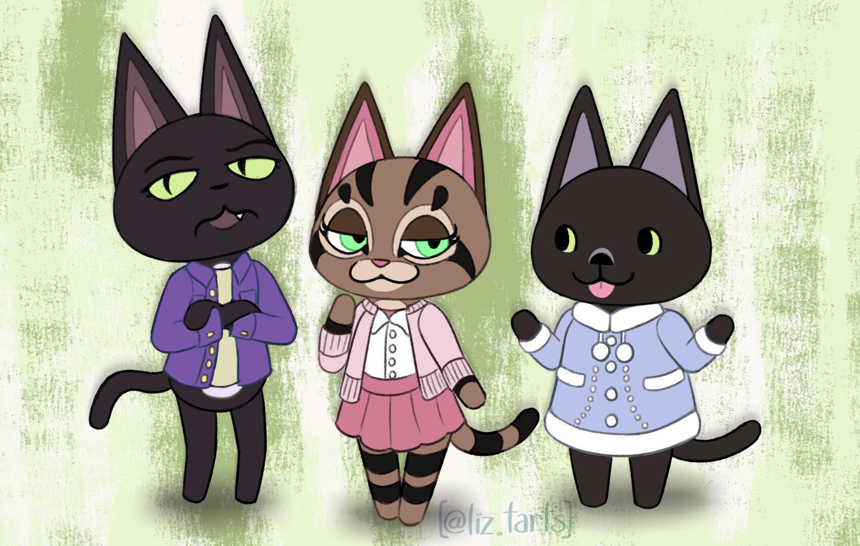 Animal Crossing style cat character designs, 2019